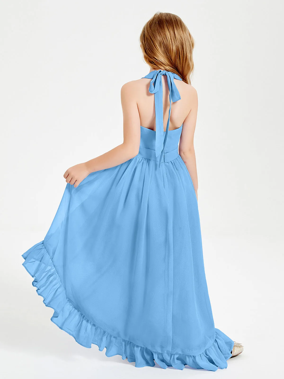 Boho Junior Bridesmaid Dresses Asymmetrical Cascading Skirt Blue