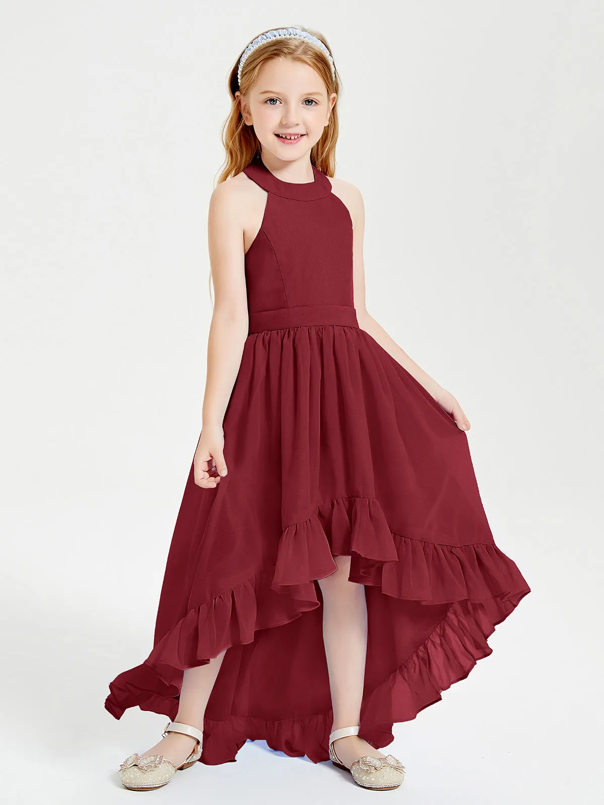 Boho Junior Bridesmaid Dresses Asymmetrical Cascading Skirt Burgundy