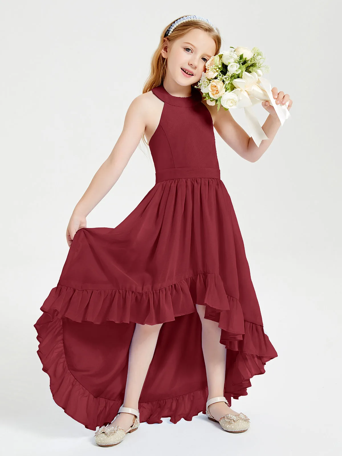 Boho Junior Bridesmaid Dresses Asymmetrical Cascading Skirt Burgundy