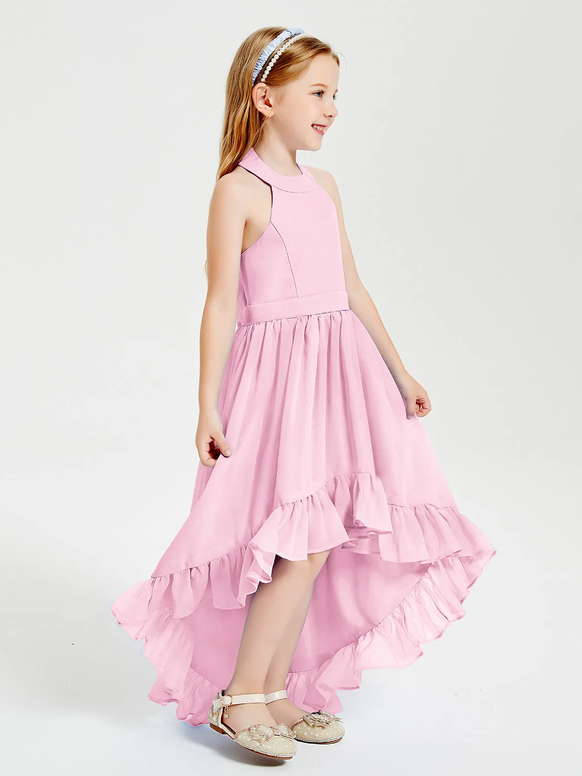 Boho Junior Bridesmaid Dresses Asymmetrical Cascading Skirt Candy Pink