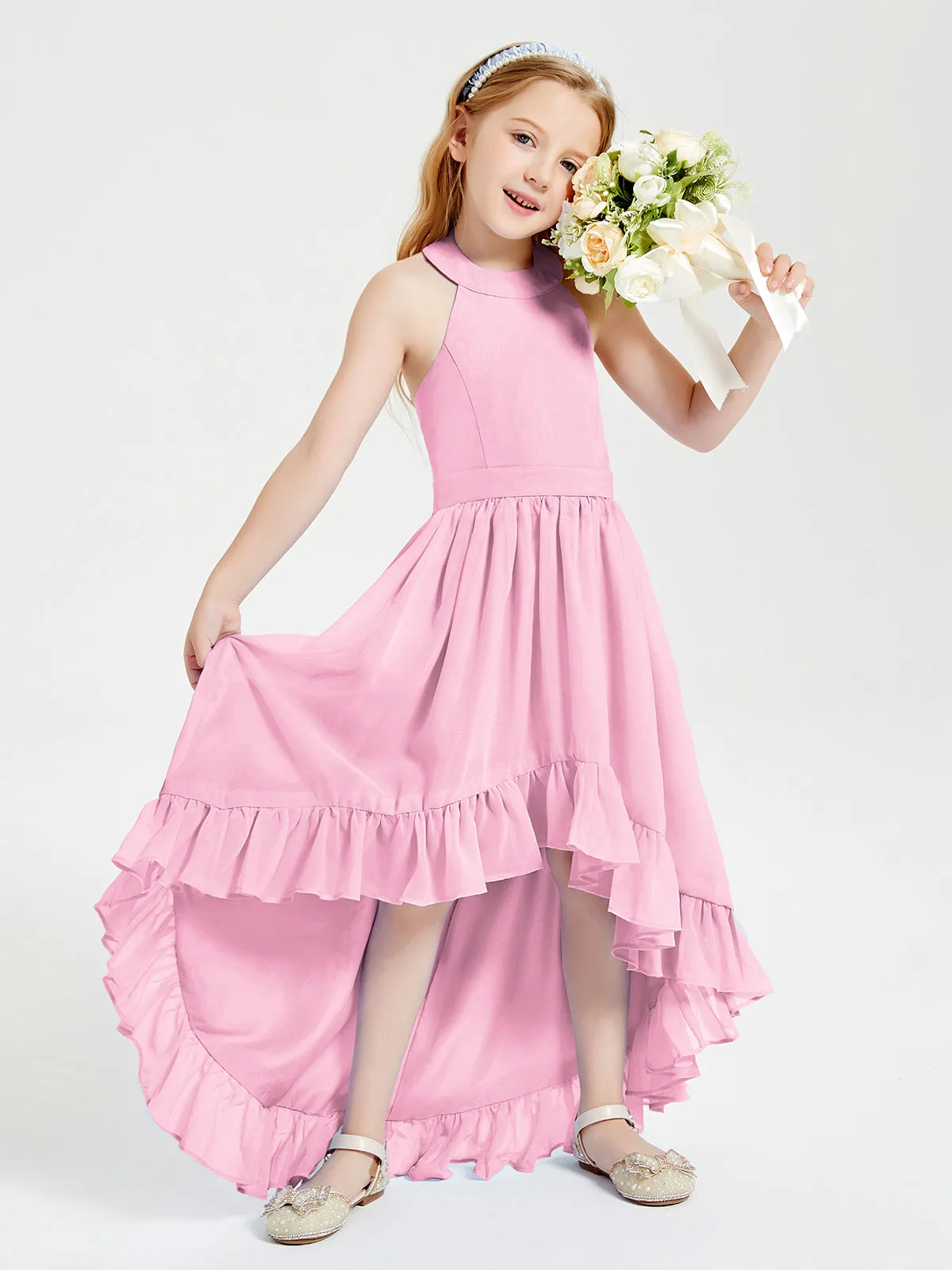 Boho Junior Bridesmaid Dresses Asymmetrical Cascading Skirt Candy Pink