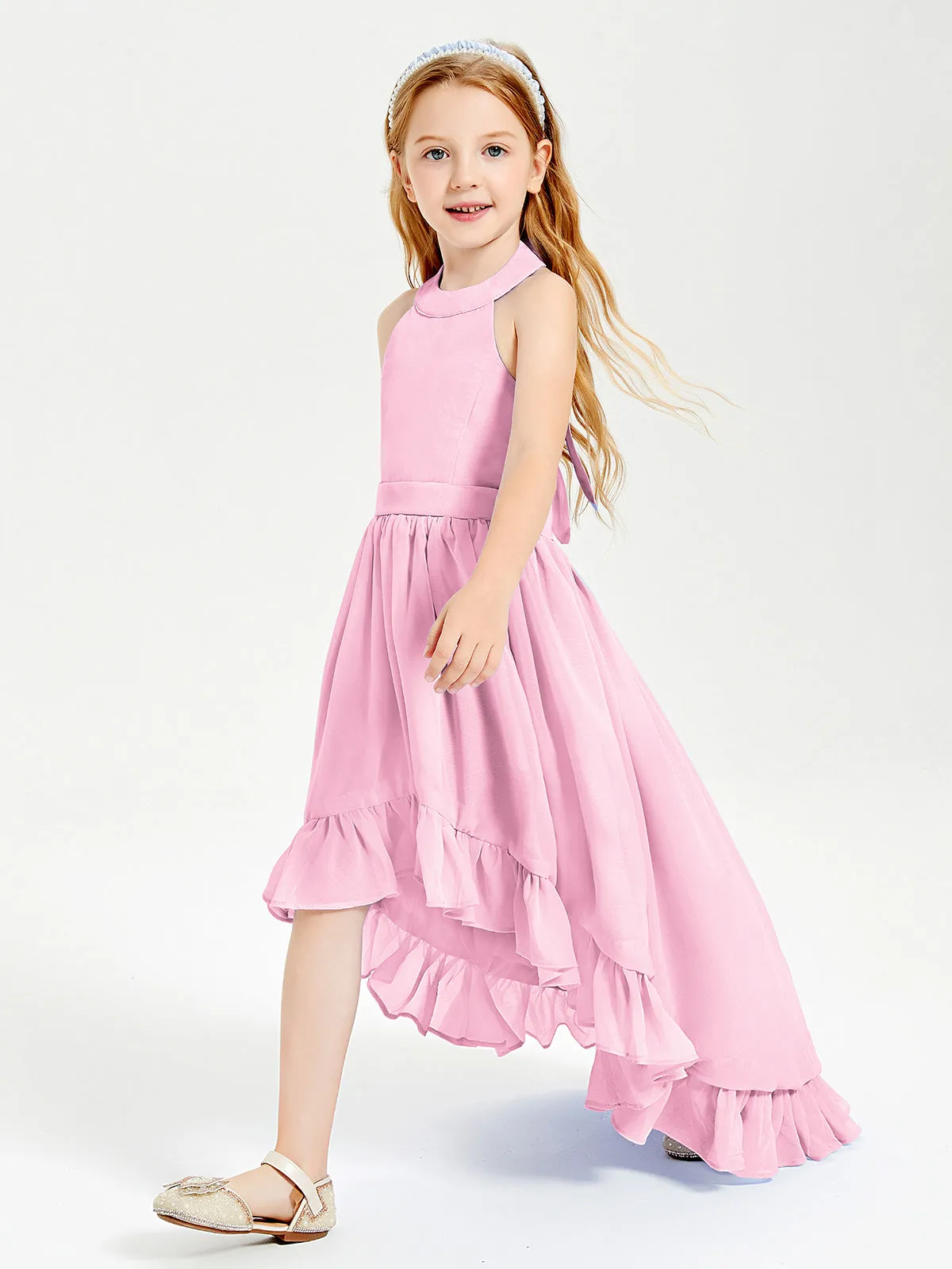 Boho Junior Bridesmaid Dresses Asymmetrical Cascading Skirt Candy Pink