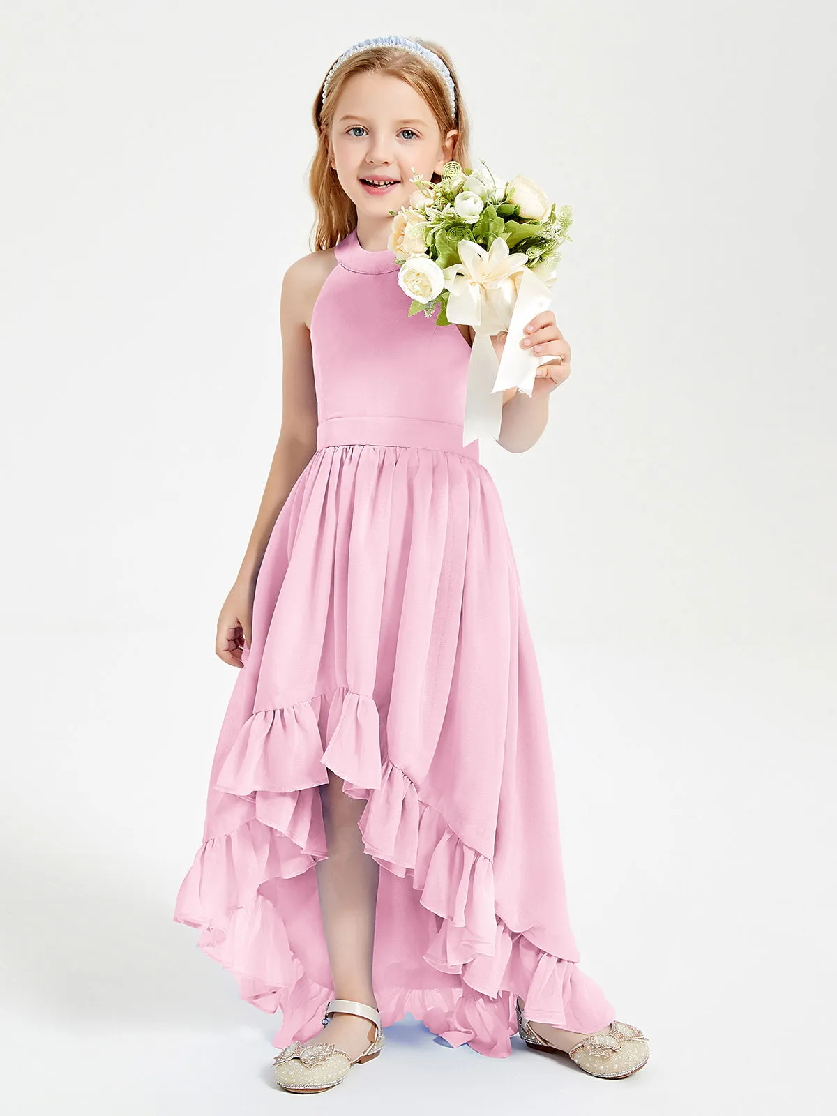 Boho Junior Bridesmaid Dresses Asymmetrical Cascading Skirt Candy Pink