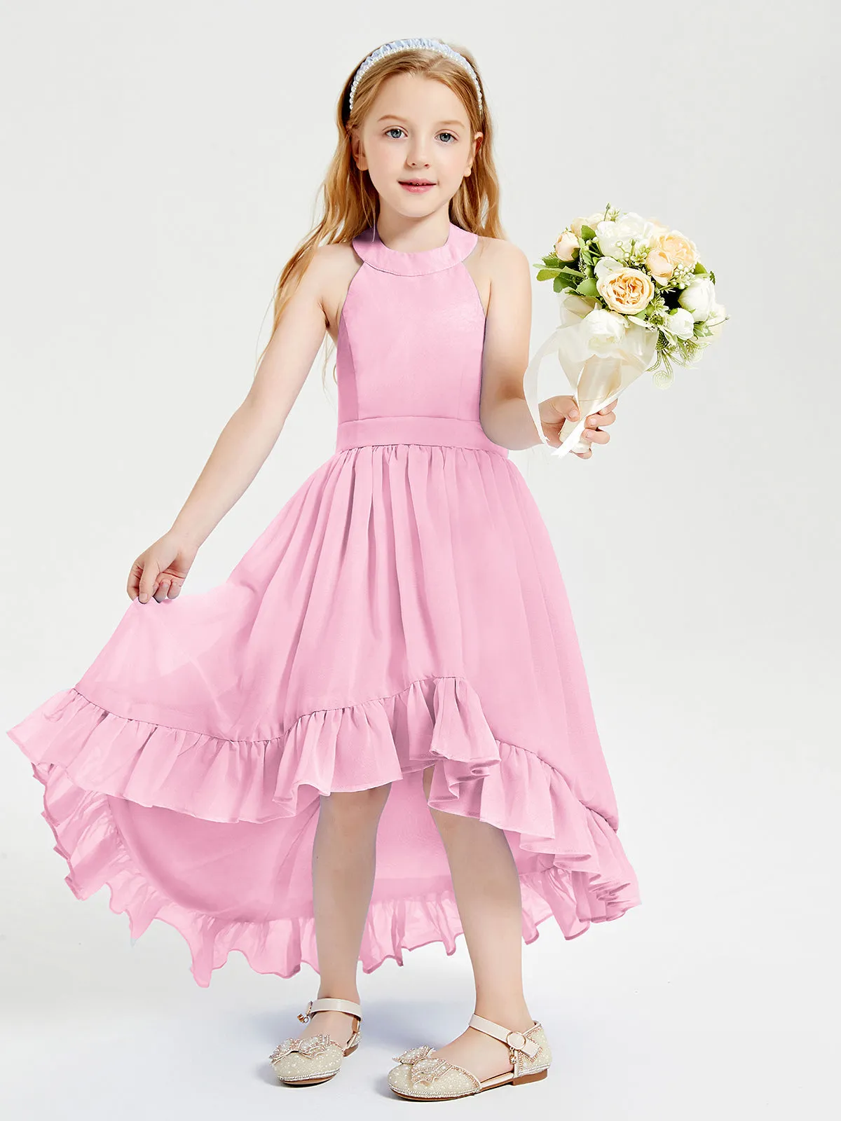 Boho Junior Bridesmaid Dresses Asymmetrical Cascading Skirt Candy Pink