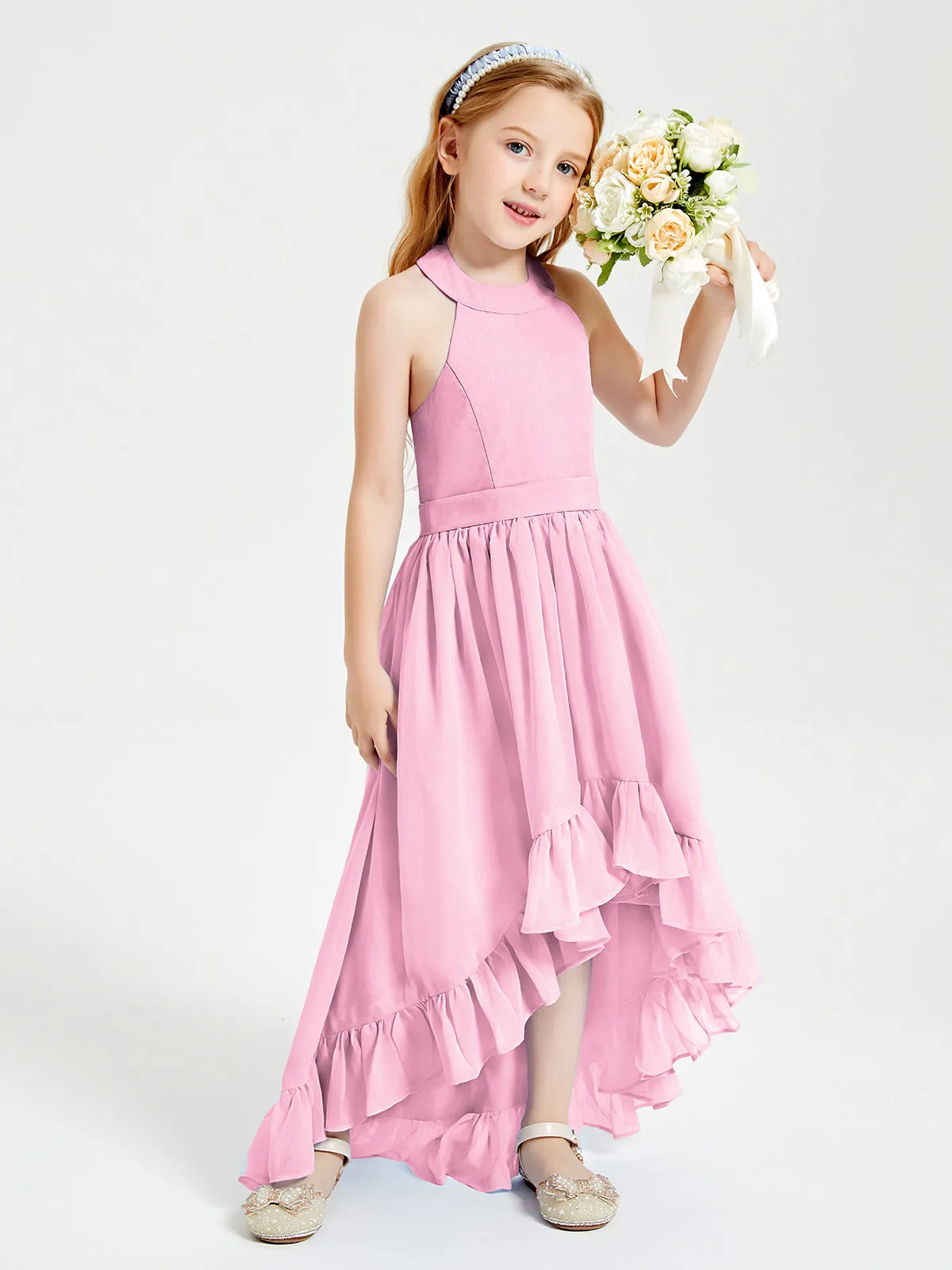 Boho Junior Bridesmaid Dresses Asymmetrical Cascading Skirt Candy Pink