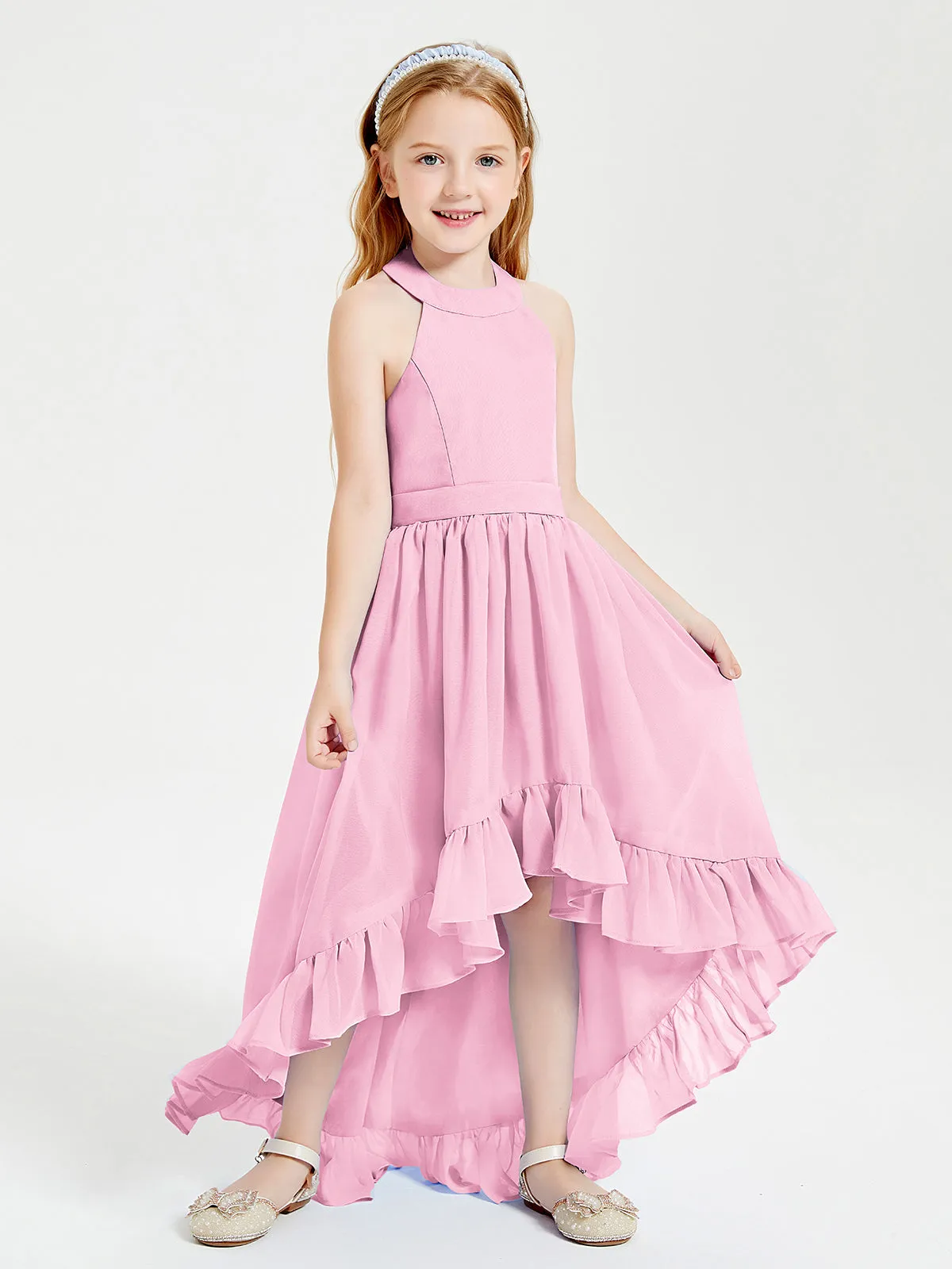 Boho Junior Bridesmaid Dresses Asymmetrical Cascading Skirt Candy Pink