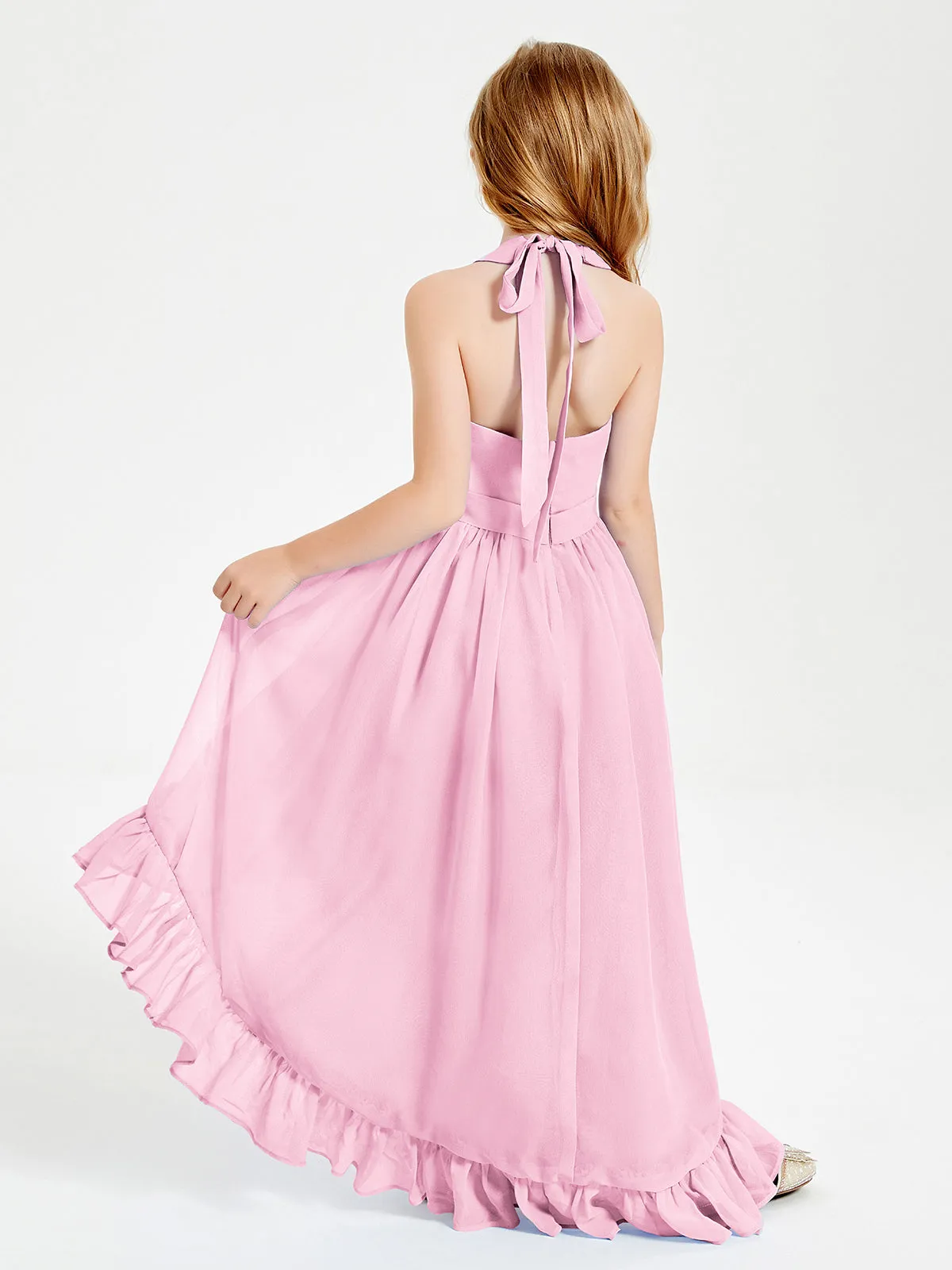 Boho Junior Bridesmaid Dresses Asymmetrical Cascading Skirt Candy Pink