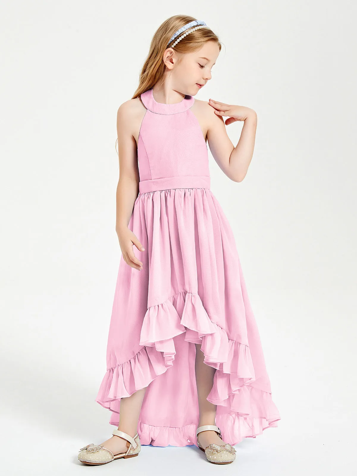 Boho Junior Bridesmaid Dresses Asymmetrical Cascading Skirt Candy Pink