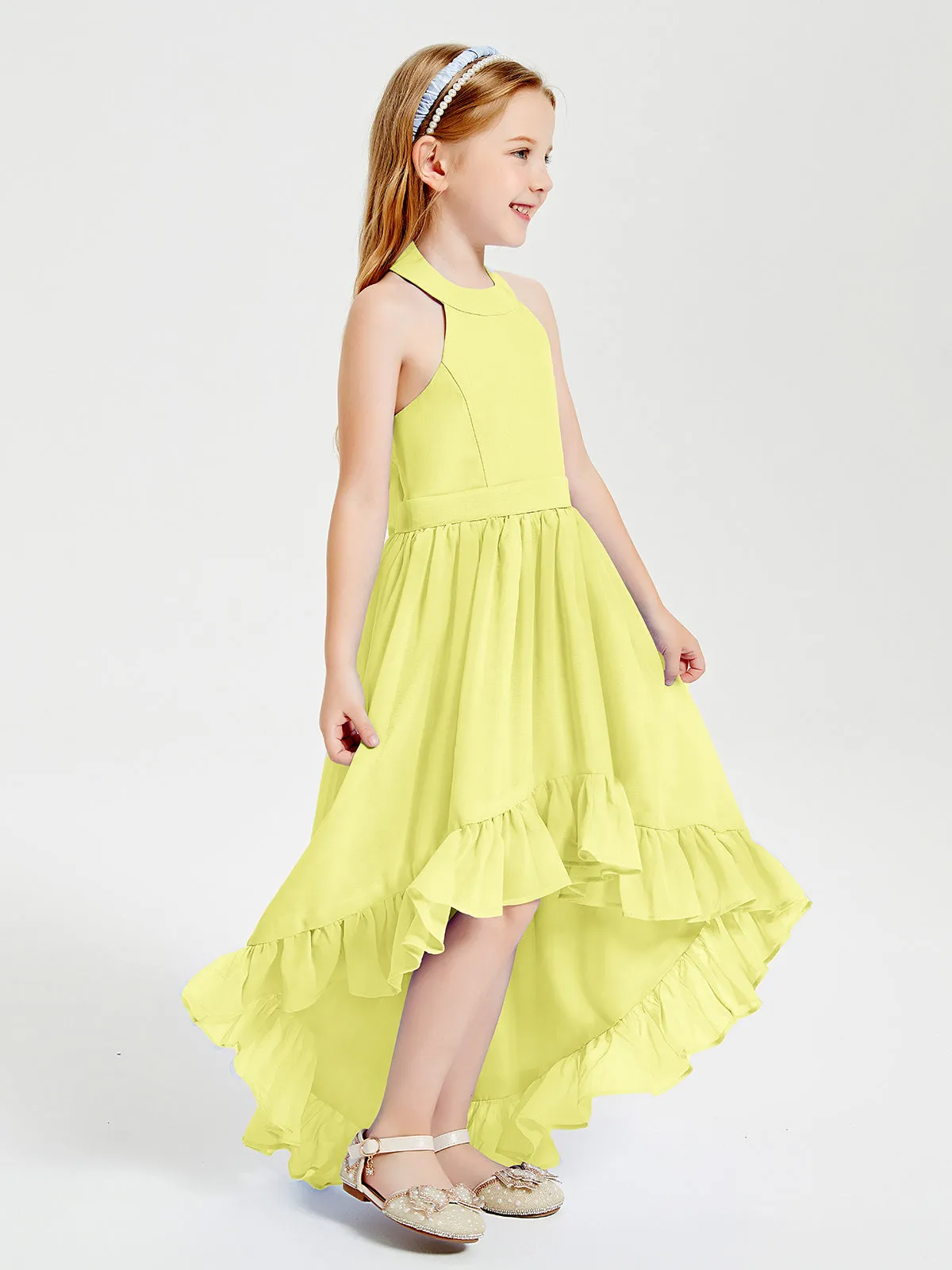 Boho Junior Bridesmaid Dresses Asymmetrical Cascading Skirt Daffodil