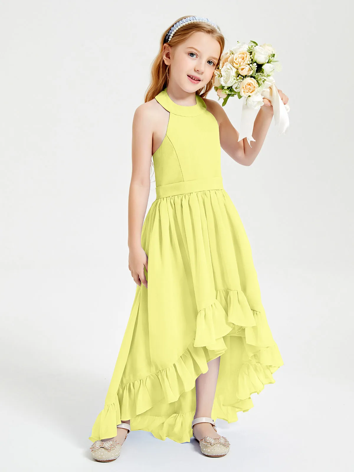 Boho Junior Bridesmaid Dresses Asymmetrical Cascading Skirt Daffodil