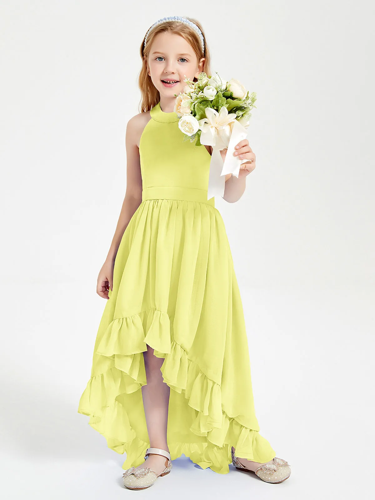 Boho Junior Bridesmaid Dresses Asymmetrical Cascading Skirt Daffodil