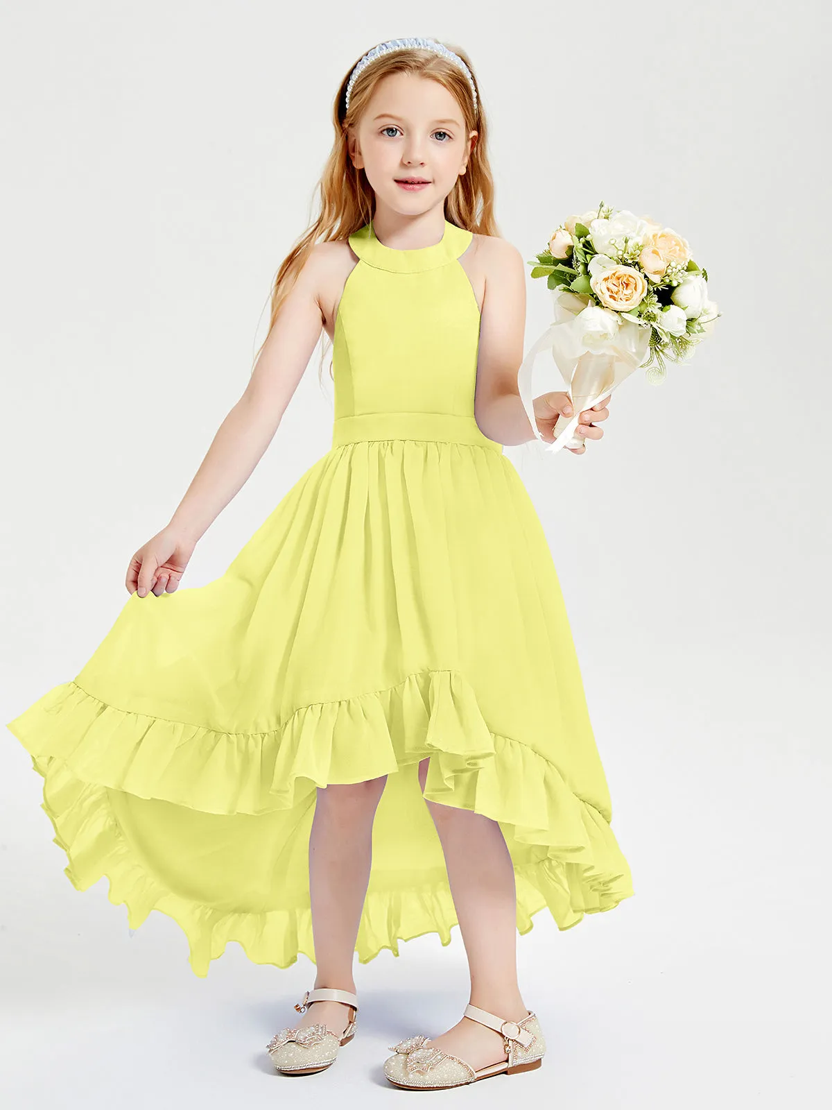 Boho Junior Bridesmaid Dresses Asymmetrical Cascading Skirt Daffodil