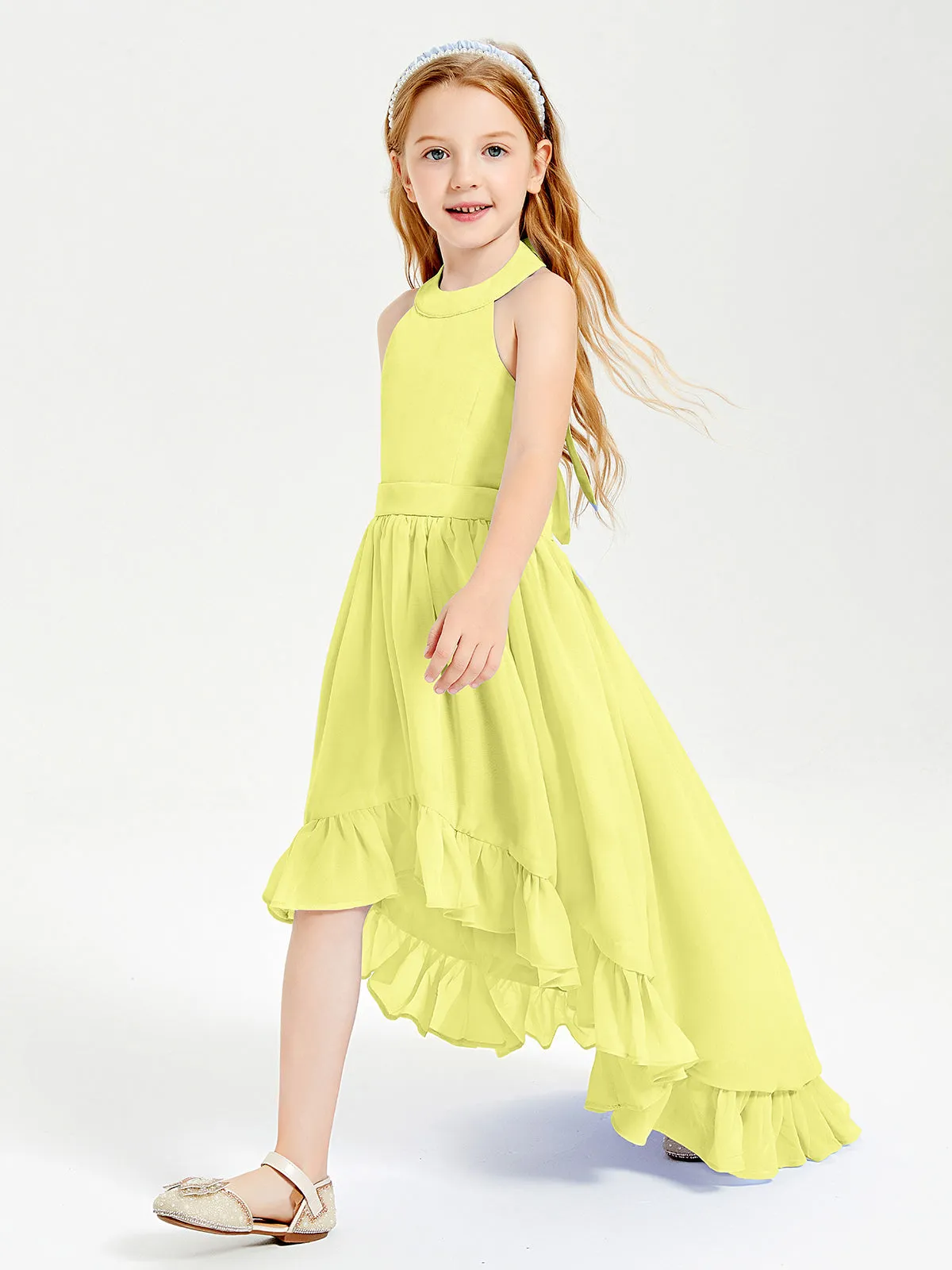 Boho Junior Bridesmaid Dresses Asymmetrical Cascading Skirt Daffodil