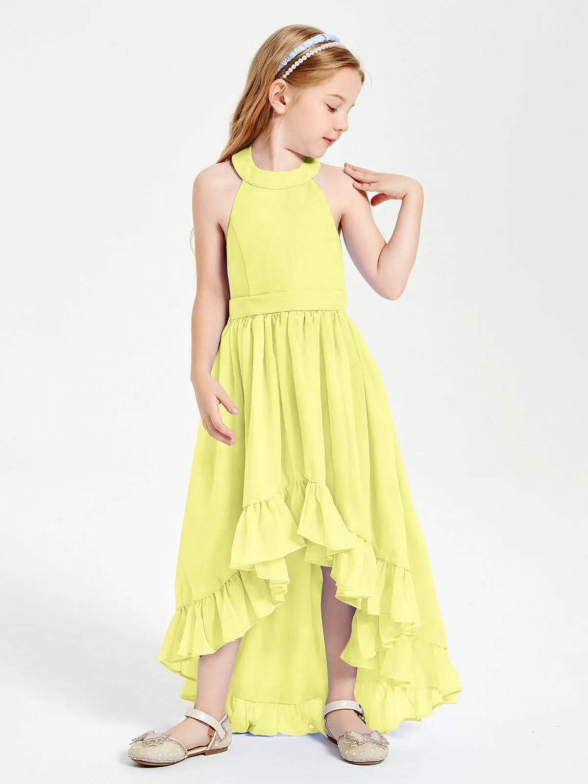 Boho Junior Bridesmaid Dresses Asymmetrical Cascading Skirt Daffodil