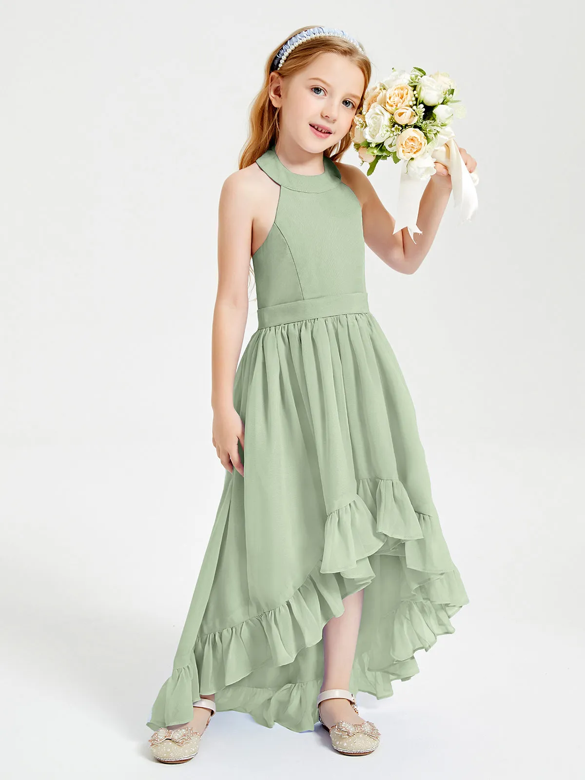 Boho Junior Bridesmaid Dresses Asymmetrical Cascading Skirt Dusty Sage