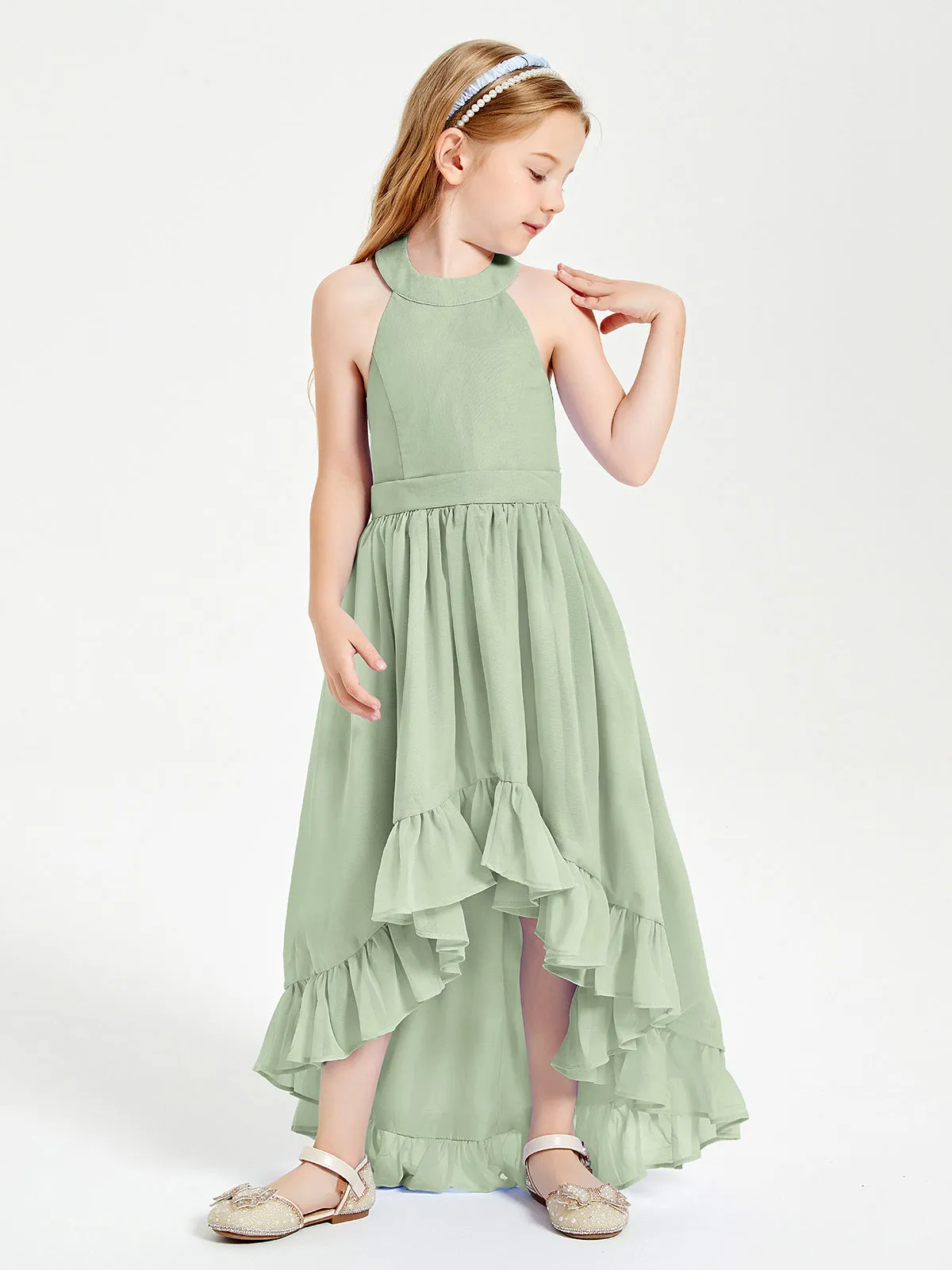 Boho Junior Bridesmaid Dresses Asymmetrical Cascading Skirt Dusty Sage