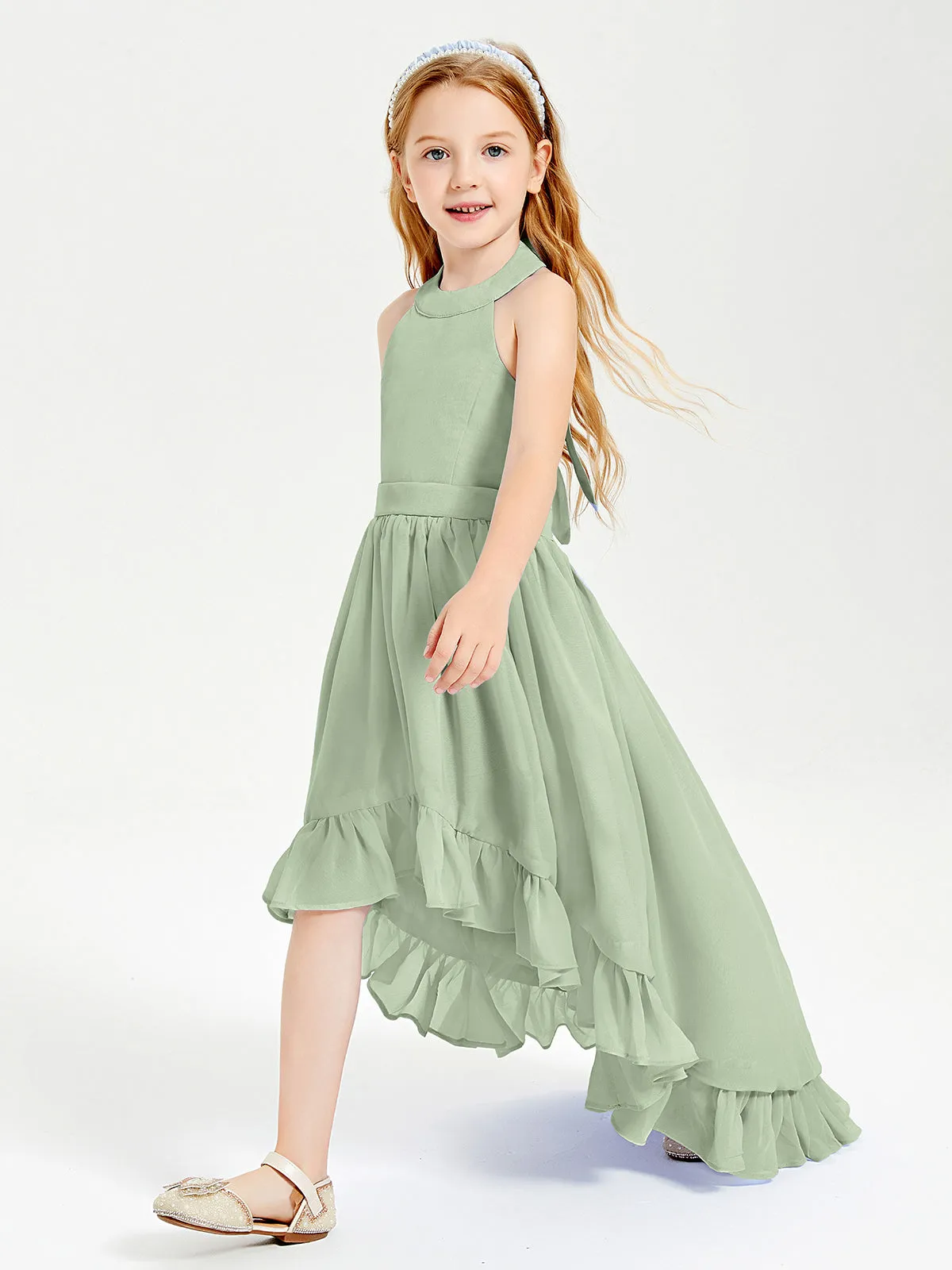 Boho Junior Bridesmaid Dresses Asymmetrical Cascading Skirt Dusty Sage