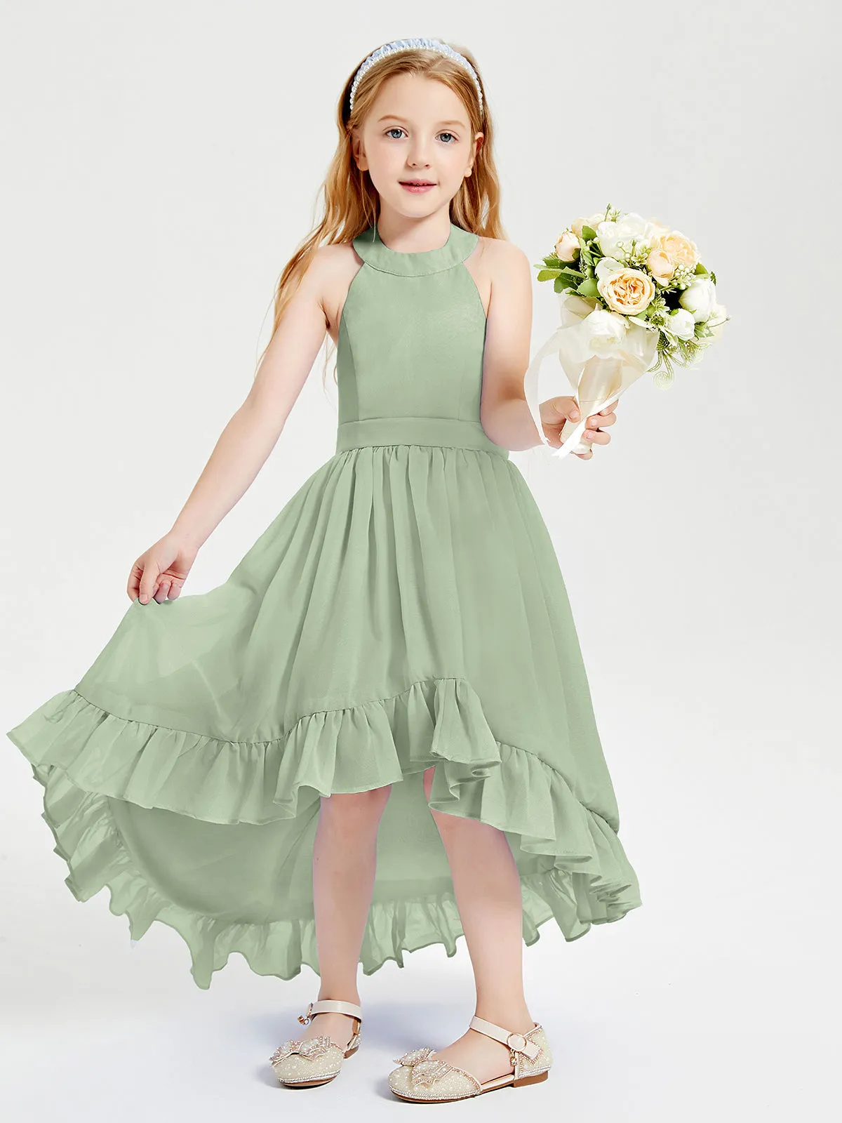 Boho Junior Bridesmaid Dresses Asymmetrical Cascading Skirt Dusty Sage