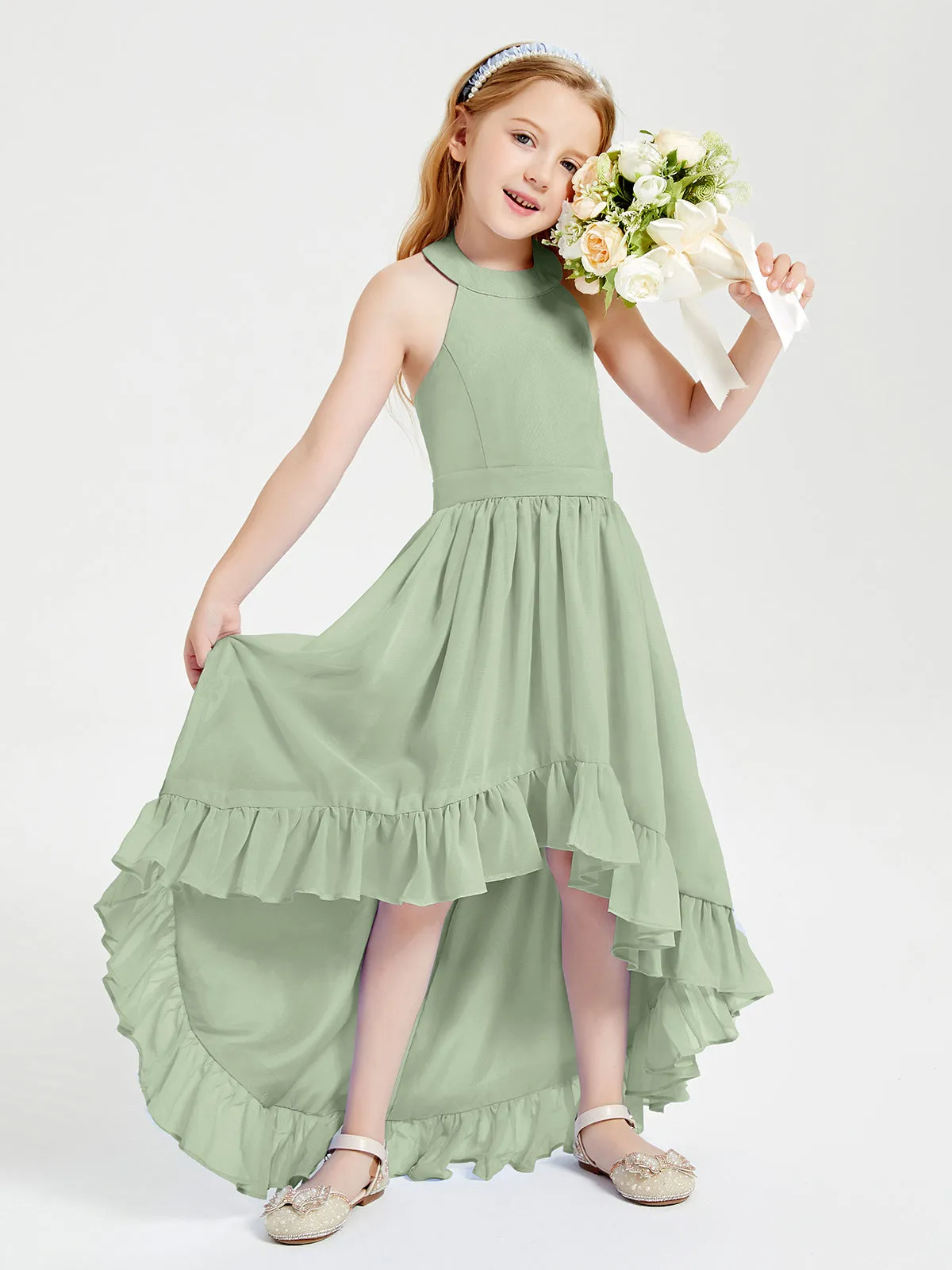 Boho Junior Bridesmaid Dresses Asymmetrical Cascading Skirt Dusty Sage