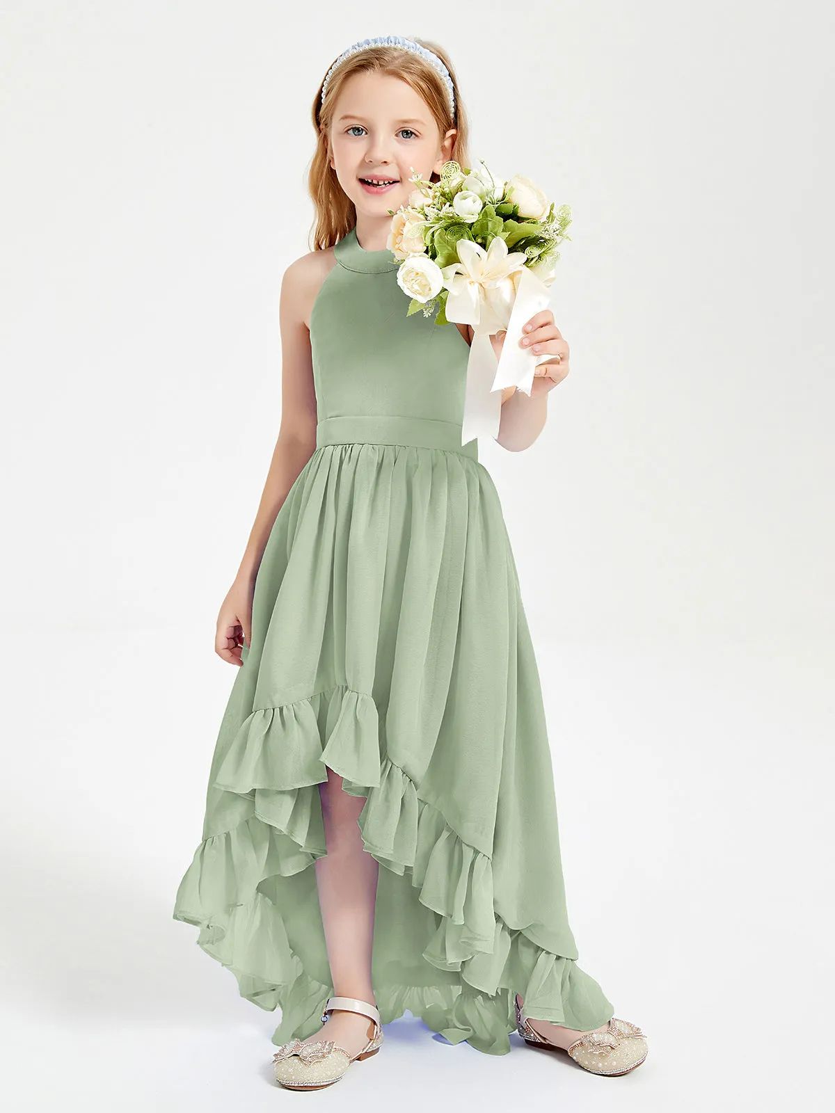 Boho Junior Bridesmaid Dresses Asymmetrical Cascading Skirt Dusty Sage