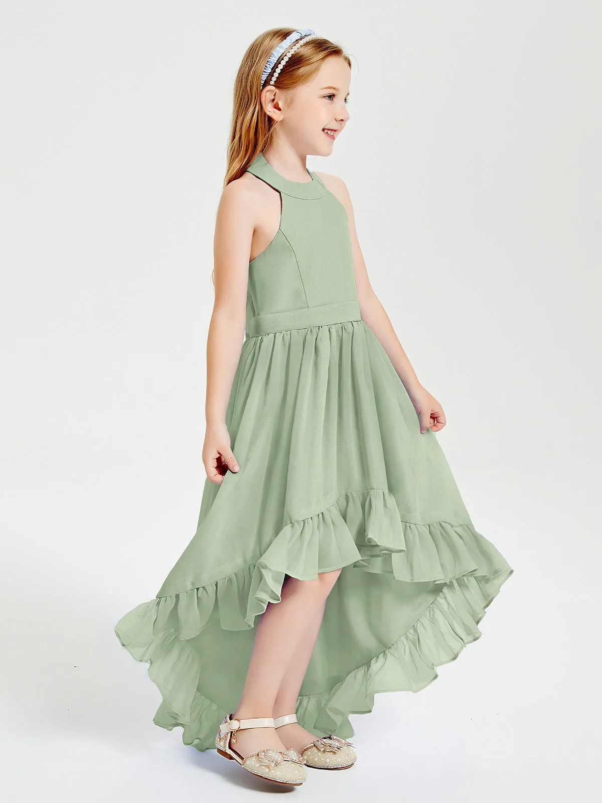 Boho Junior Bridesmaid Dresses Asymmetrical Cascading Skirt Dusty Sage