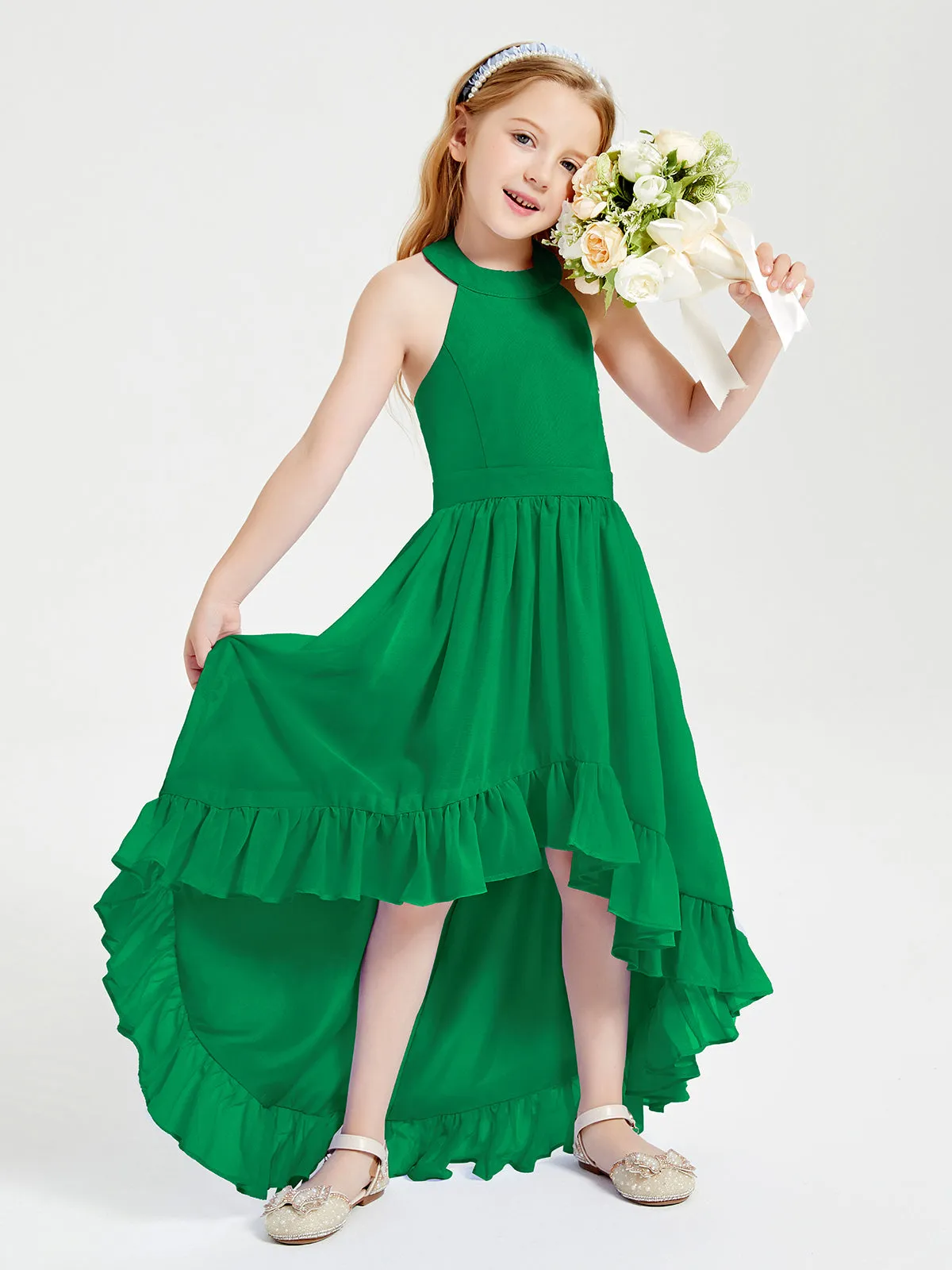 Boho Junior Bridesmaid Dresses Asymmetrical Cascading Skirt Emerald