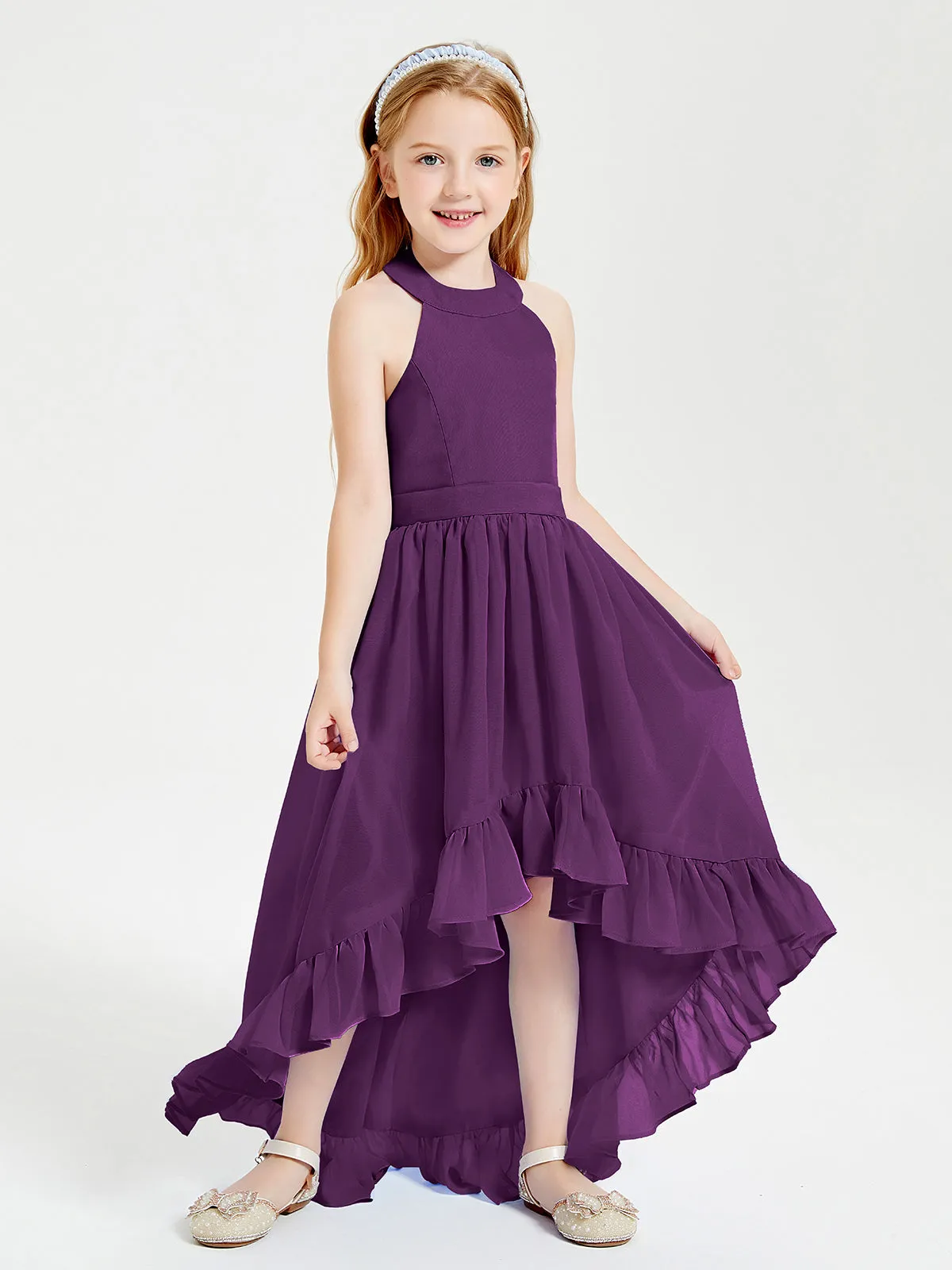 Boho Junior Bridesmaid Dresses Asymmetrical Cascading Skirt Grape