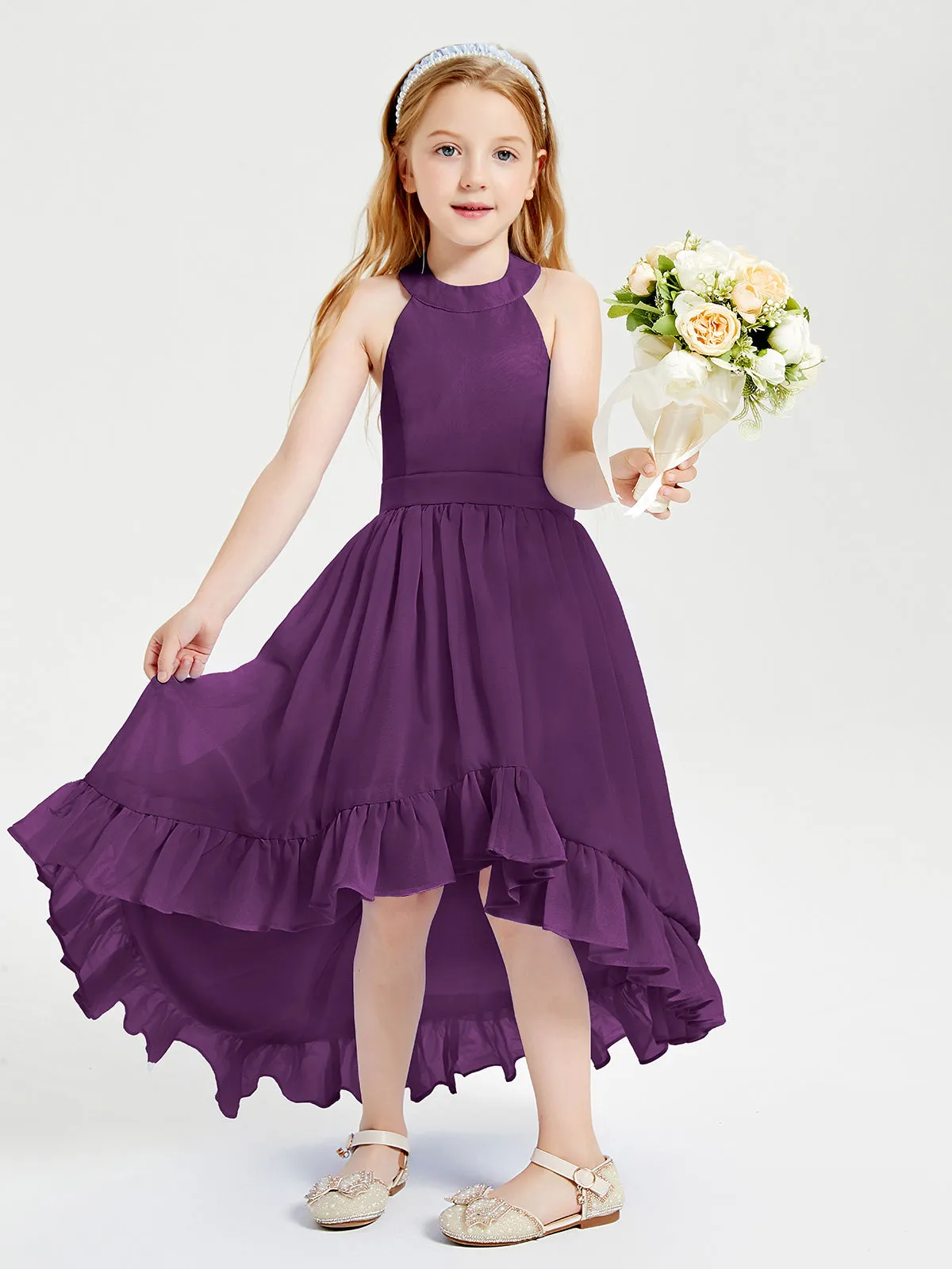 Boho Junior Bridesmaid Dresses Asymmetrical Cascading Skirt Grape