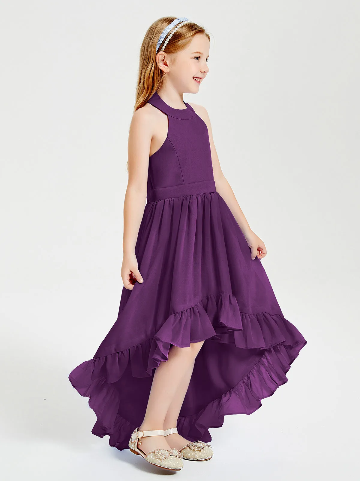 Boho Junior Bridesmaid Dresses Asymmetrical Cascading Skirt Grape