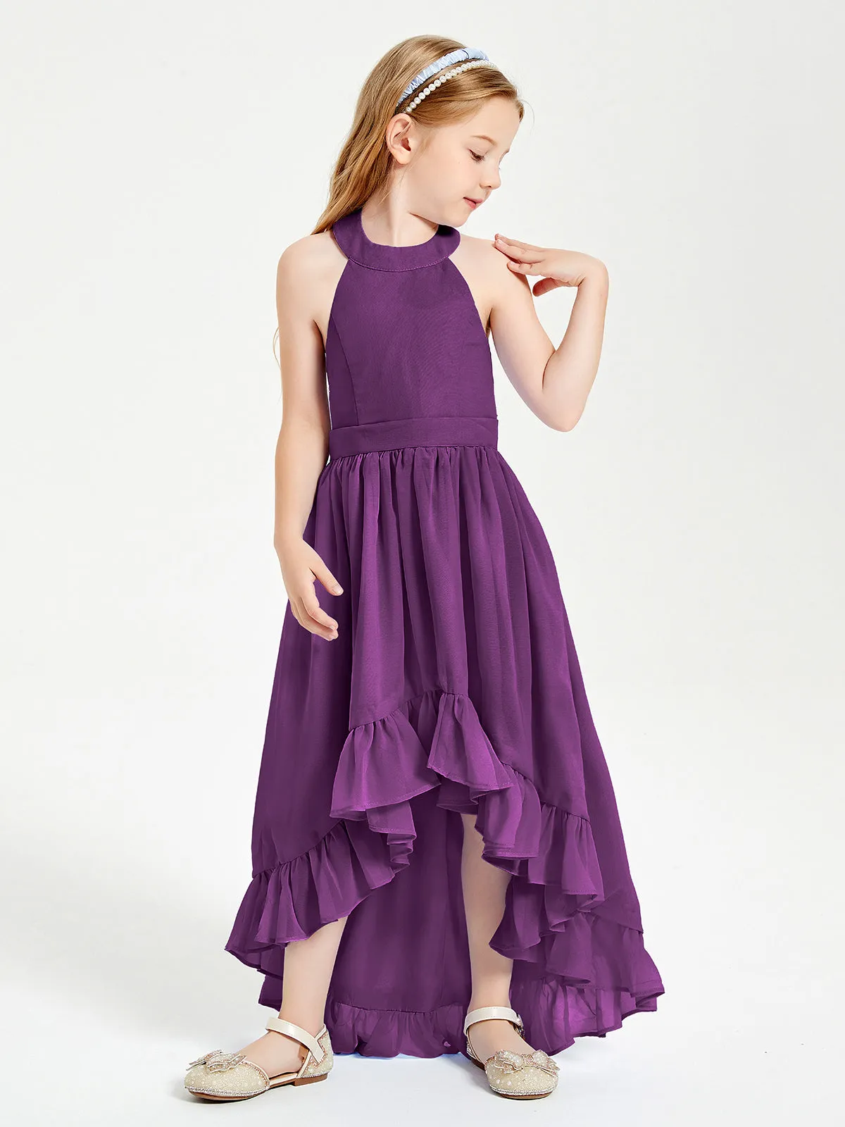 Boho Junior Bridesmaid Dresses Asymmetrical Cascading Skirt Grape