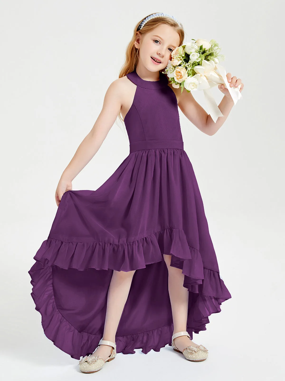 Boho Junior Bridesmaid Dresses Asymmetrical Cascading Skirt Grape