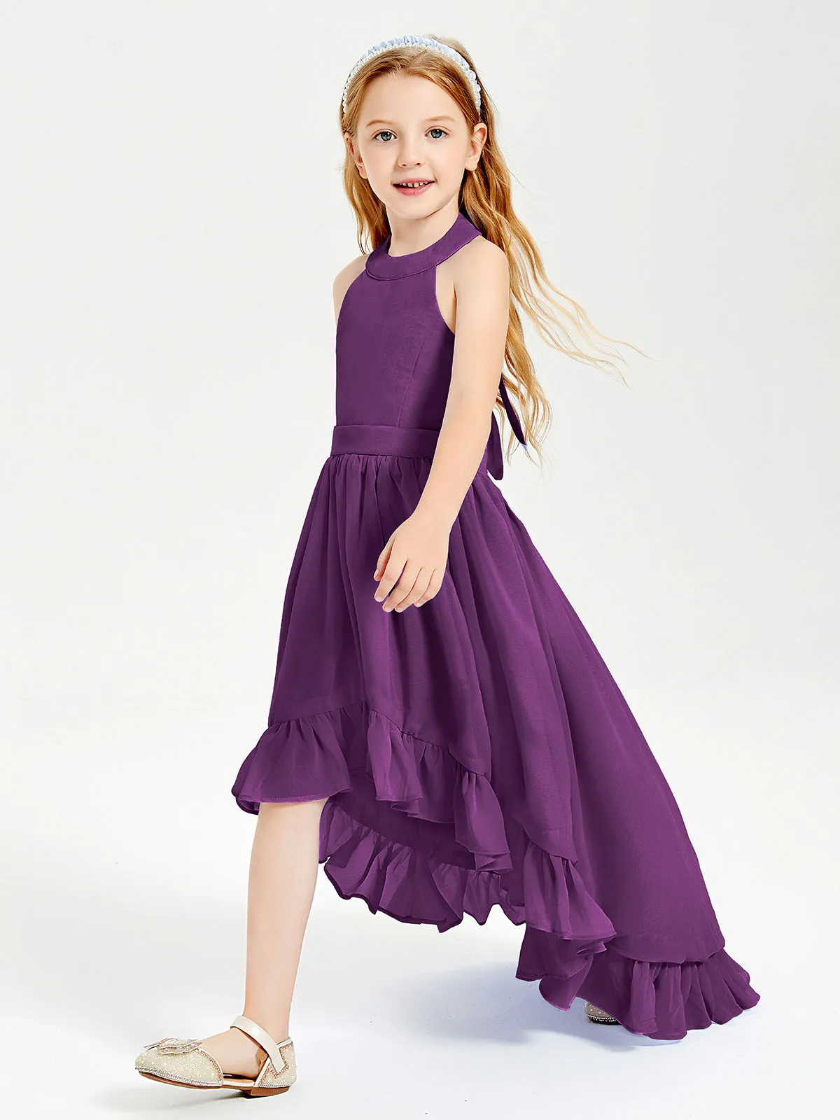 Boho Junior Bridesmaid Dresses Asymmetrical Cascading Skirt Grape