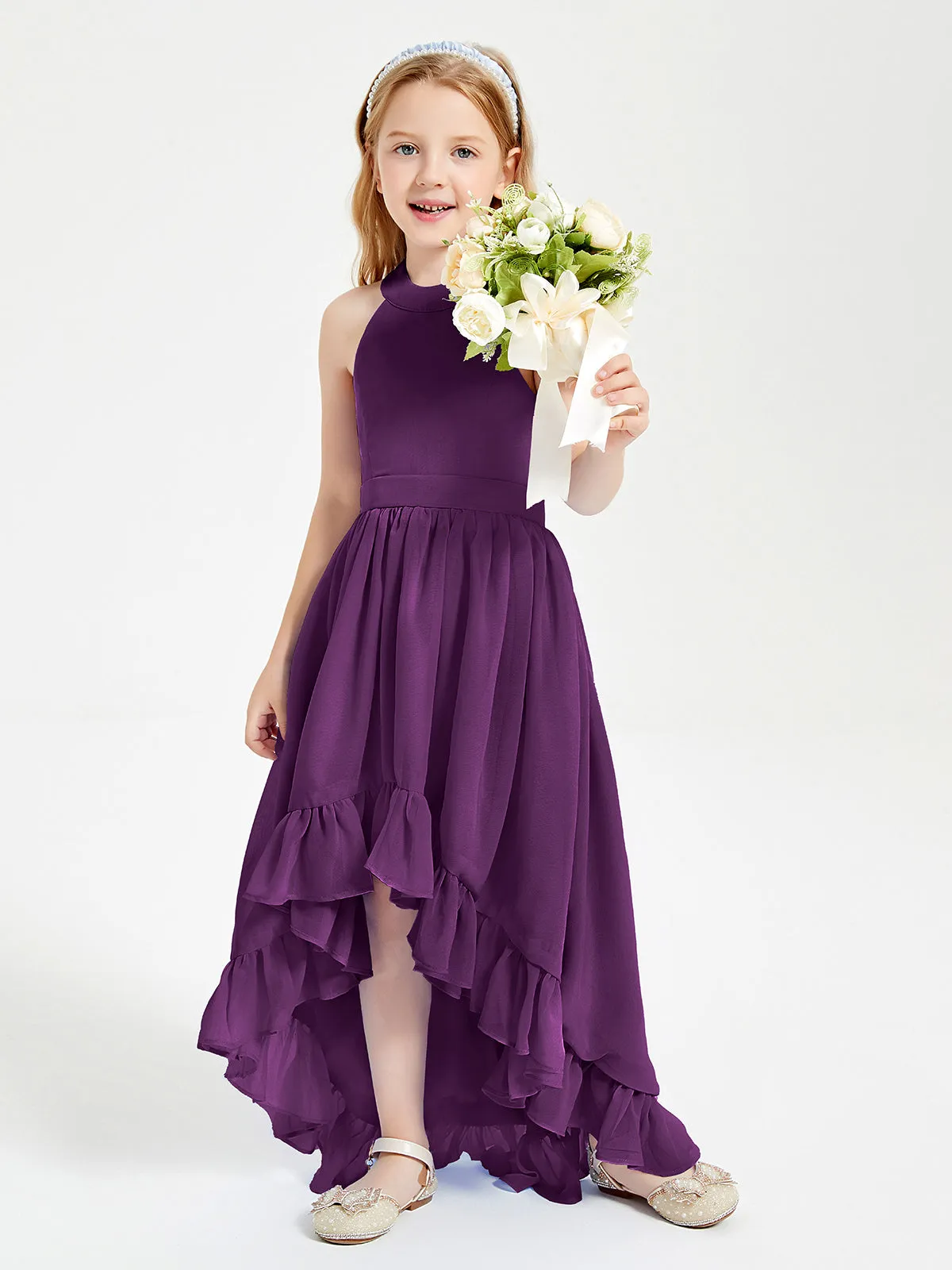 Boho Junior Bridesmaid Dresses Asymmetrical Cascading Skirt Grape