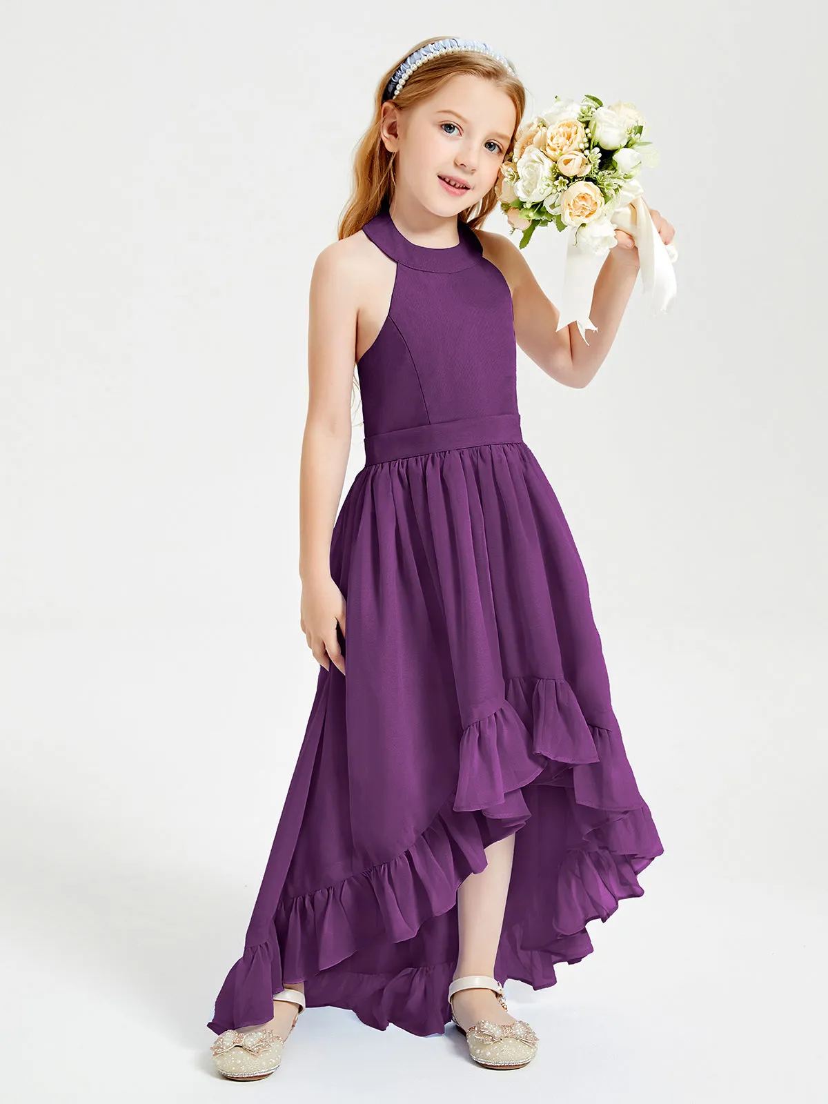 Boho Junior Bridesmaid Dresses Asymmetrical Cascading Skirt Grape