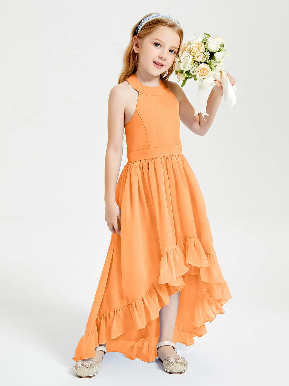 Boho Junior Bridesmaid Dresses Asymmetrical Cascading Skirt Orange