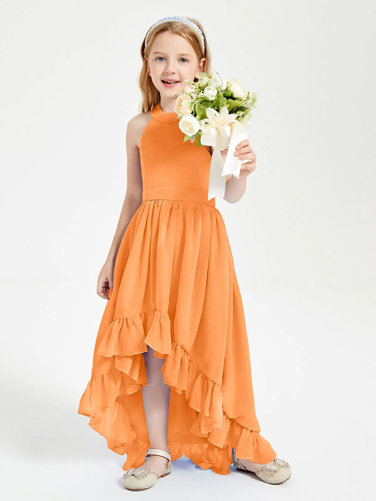 Boho Junior Bridesmaid Dresses Asymmetrical Cascading Skirt Orange