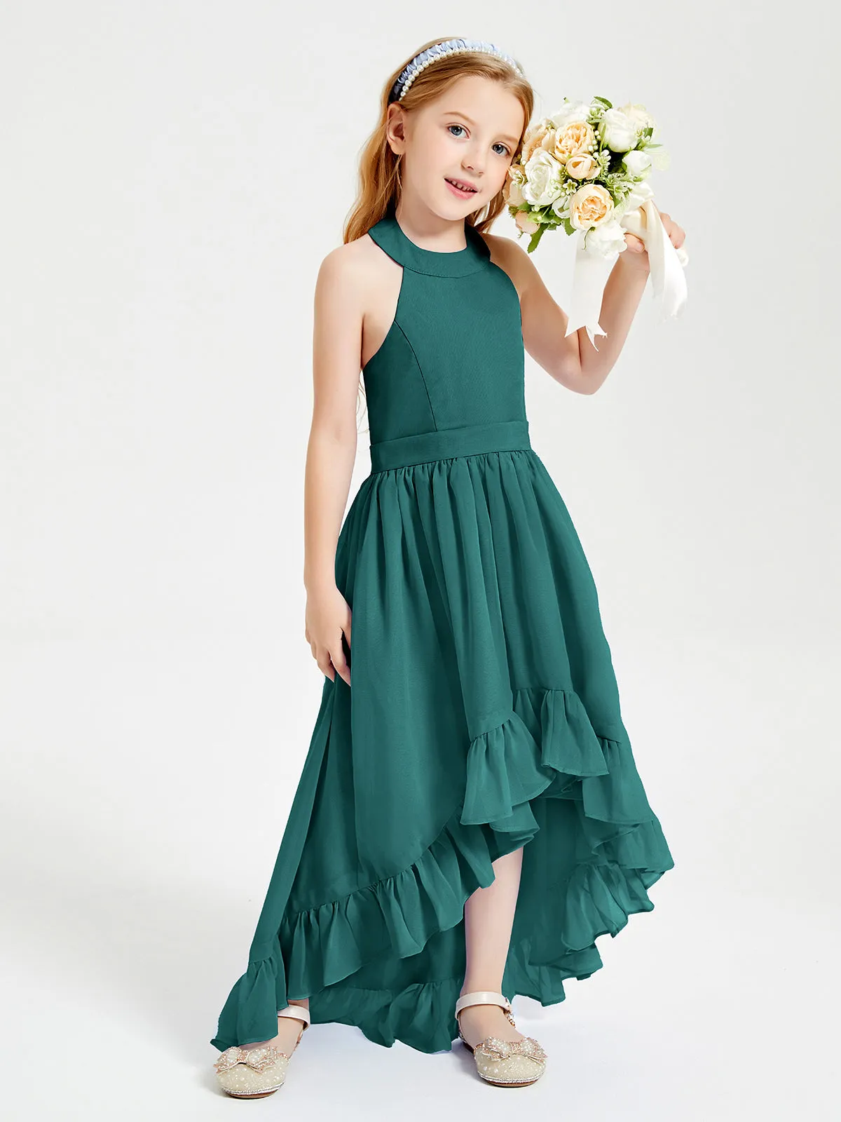 Boho Junior Bridesmaid Dresses Asymmetrical Cascading Skirt Peacock