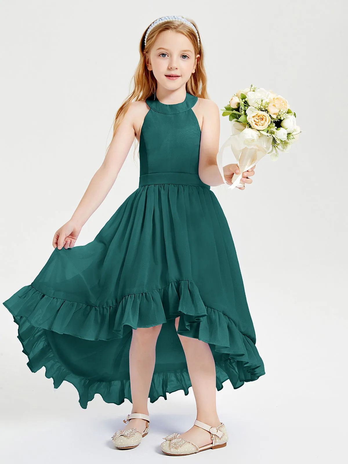 Boho Junior Bridesmaid Dresses Asymmetrical Cascading Skirt Peacock