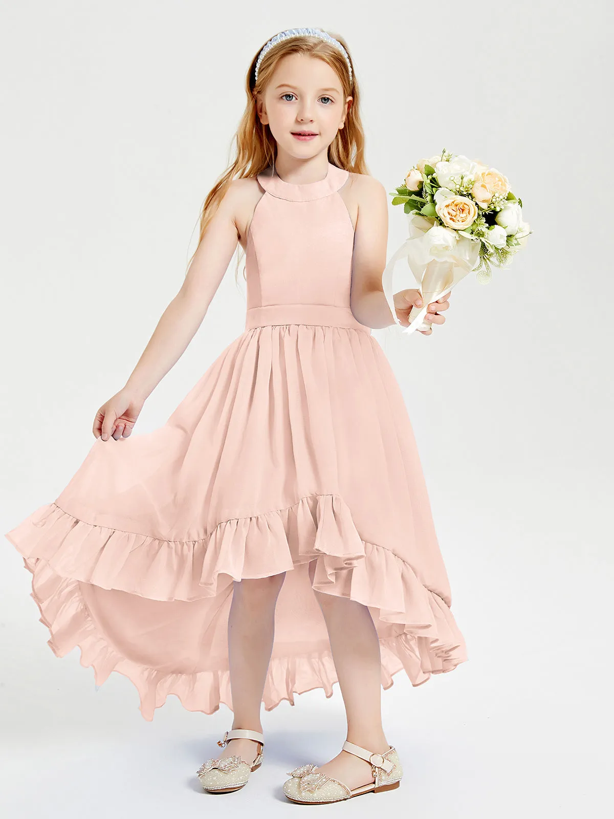 Boho Junior Bridesmaid Dresses Asymmetrical Cascading Skirt Pearl Pink