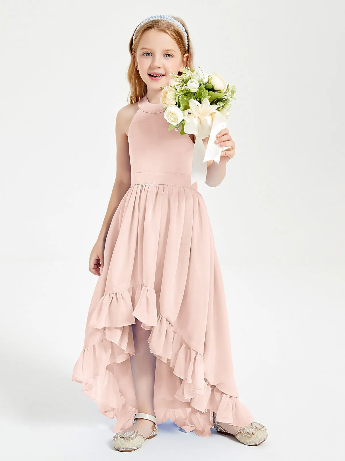 Boho Junior Bridesmaid Dresses Asymmetrical Cascading Skirt Pearl Pink