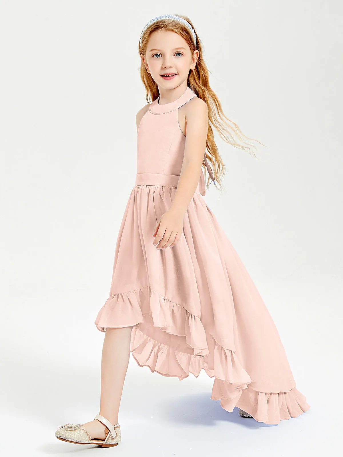 Boho Junior Bridesmaid Dresses Asymmetrical Cascading Skirt Pearl Pink