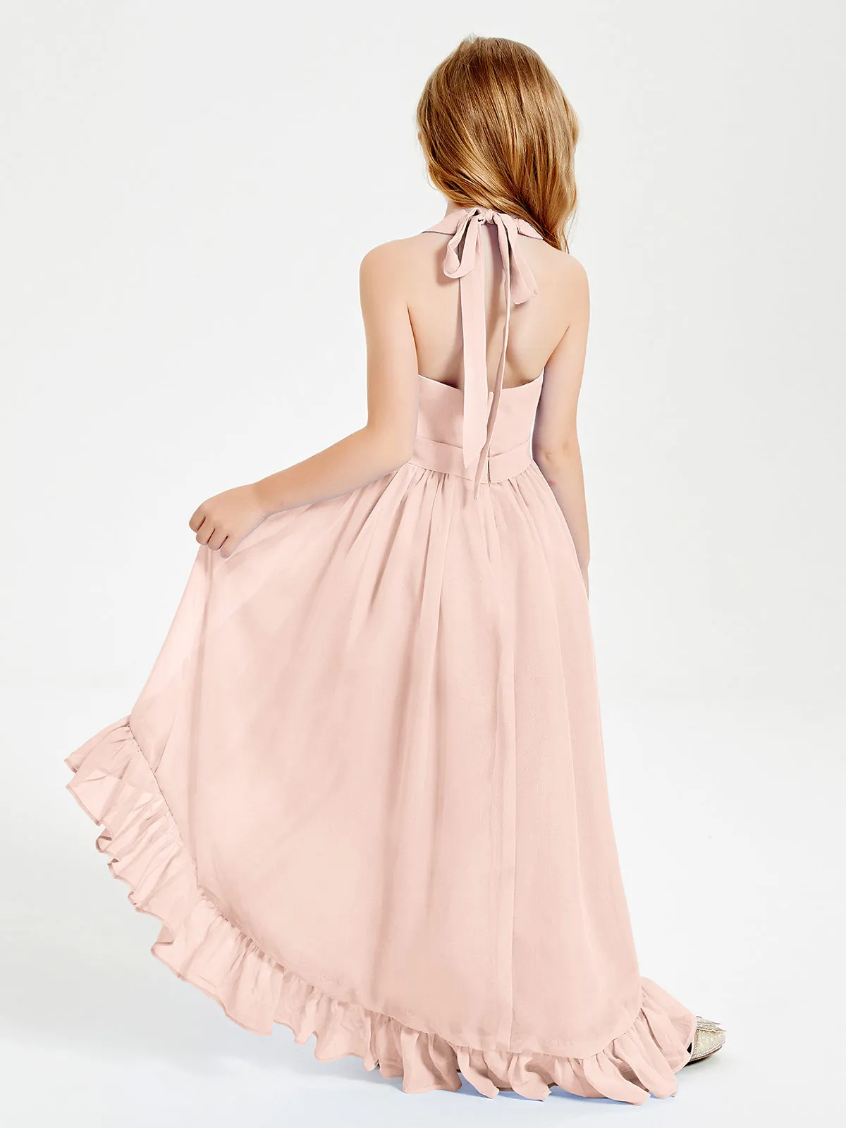 Boho Junior Bridesmaid Dresses Asymmetrical Cascading Skirt Pearl Pink