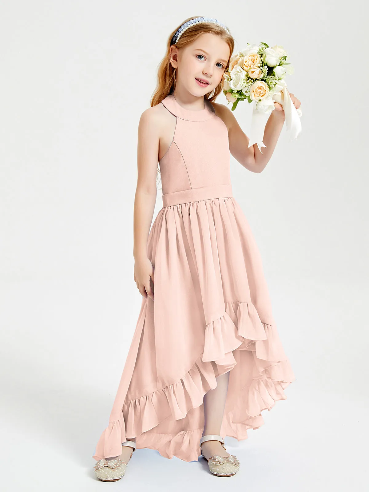 Boho Junior Bridesmaid Dresses Asymmetrical Cascading Skirt Pearl Pink