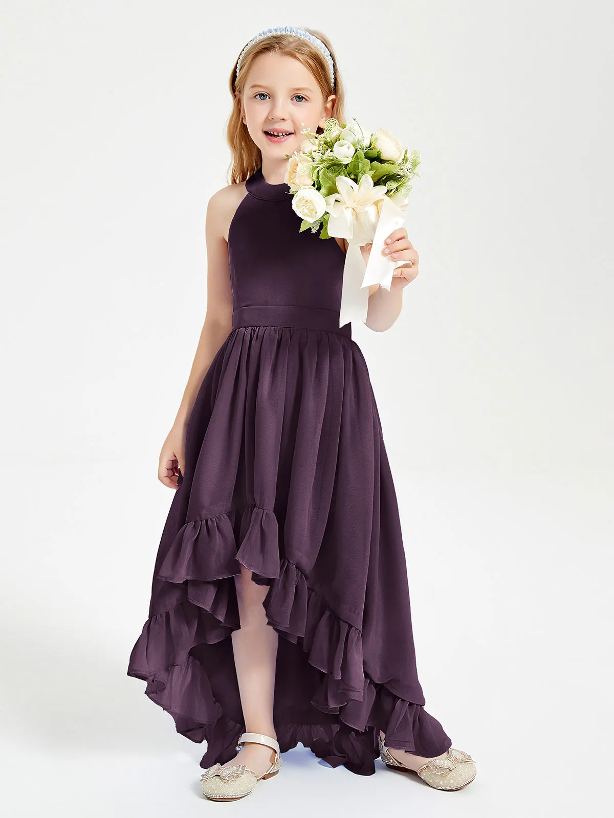 Boho Junior Bridesmaid Dresses Asymmetrical Cascading Skirt Plum