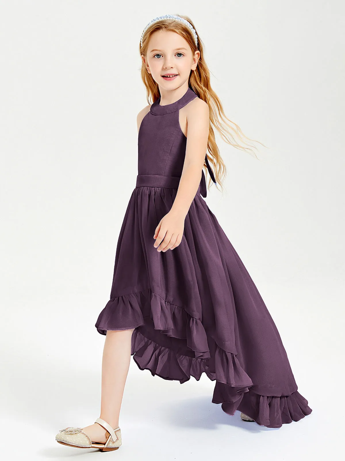 Boho Junior Bridesmaid Dresses Asymmetrical Cascading Skirt Plum