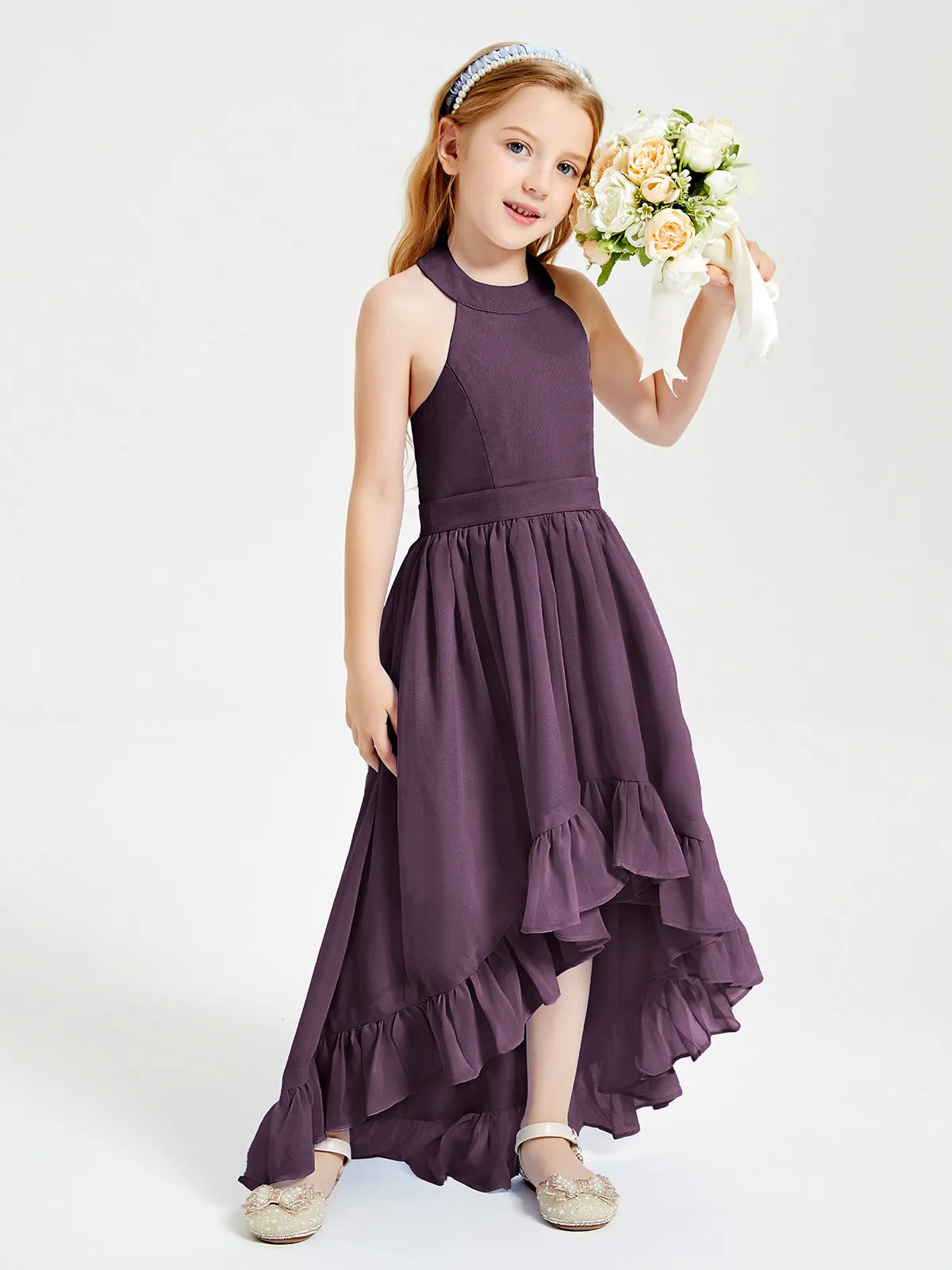 Boho Junior Bridesmaid Dresses Asymmetrical Cascading Skirt Plum