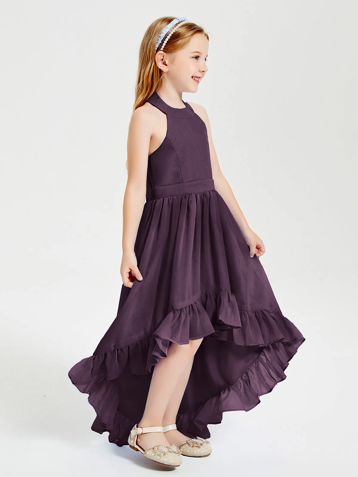 Boho Junior Bridesmaid Dresses Asymmetrical Cascading Skirt Plum