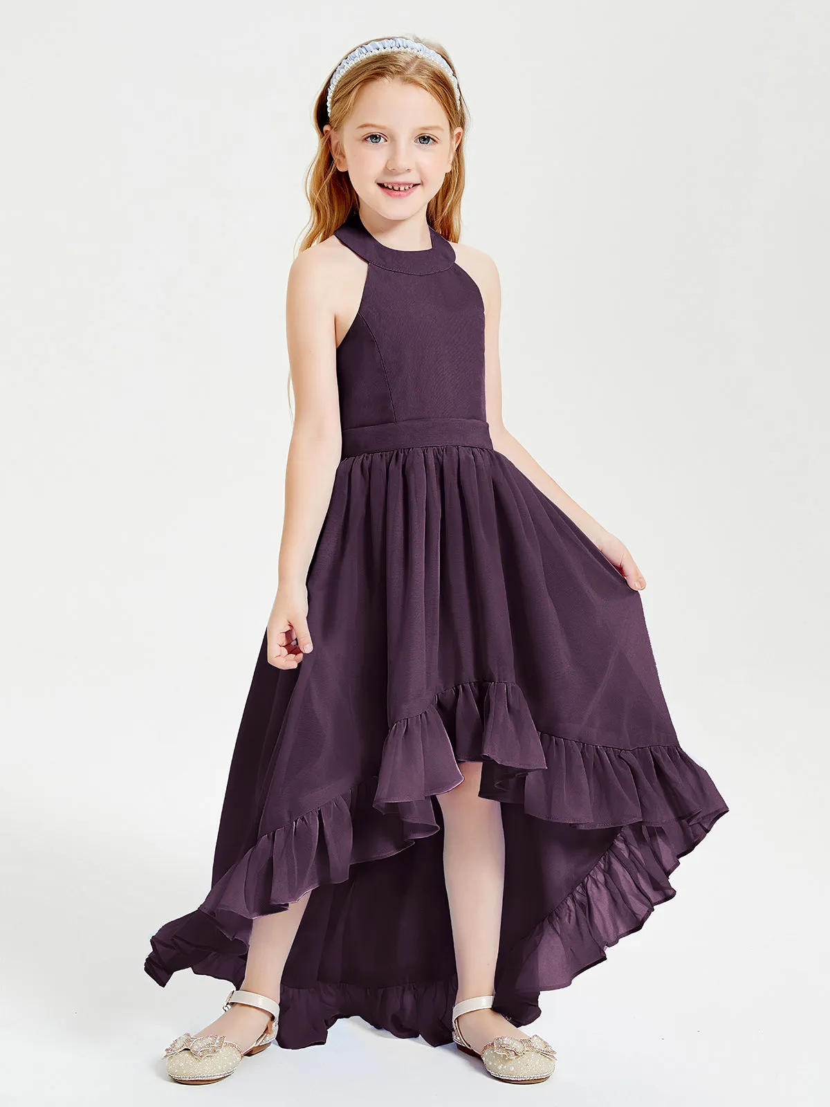 Boho Junior Bridesmaid Dresses Asymmetrical Cascading Skirt Plum