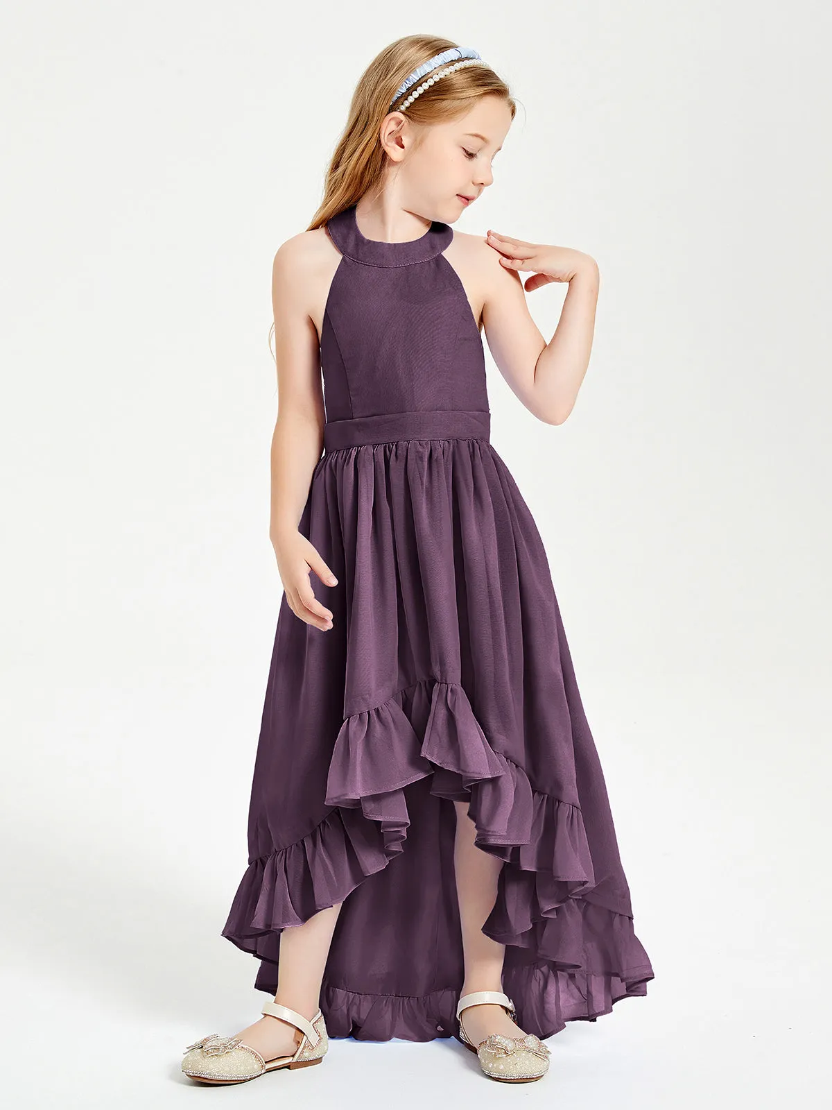 Boho Junior Bridesmaid Dresses Asymmetrical Cascading Skirt Plum