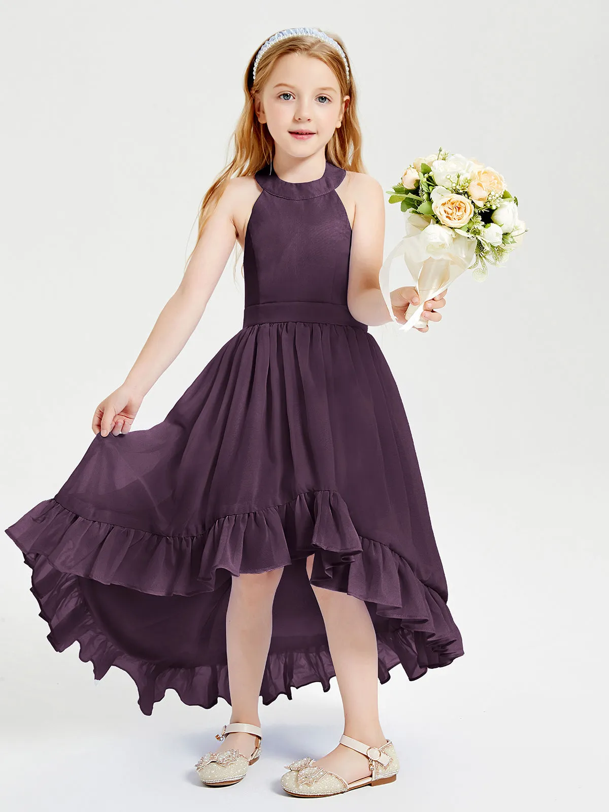 Boho Junior Bridesmaid Dresses Asymmetrical Cascading Skirt Plum